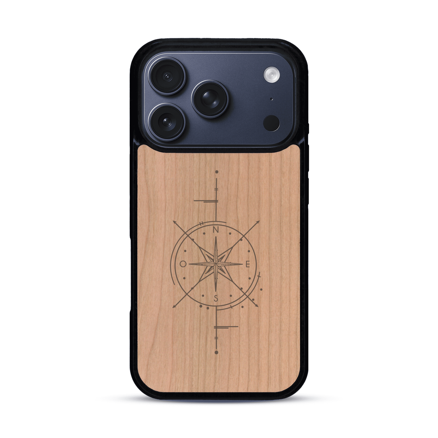 Coque de protection en bois véritable fabriquée en France pour  avec une gravure "rose des vents" sur le thème nautique et de l'océan qui s'inspire des boussoles de pirate