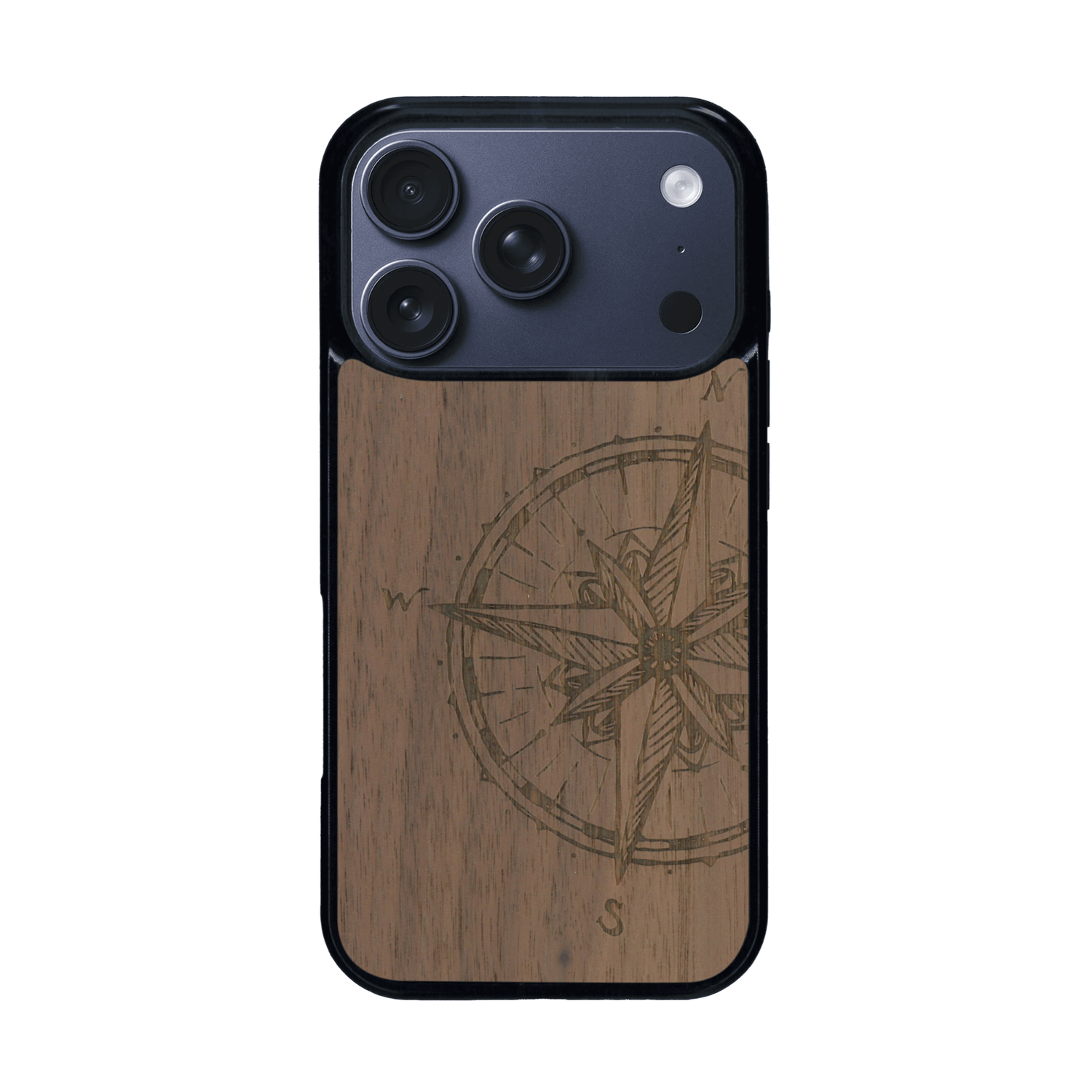 Coque de protection en bois véritable fabriquée en France pour iPhone 17 Pro avec une gravure "rose des vents" sur le thème nautique et de l'océan qui s'inspire des boussoles de pirate