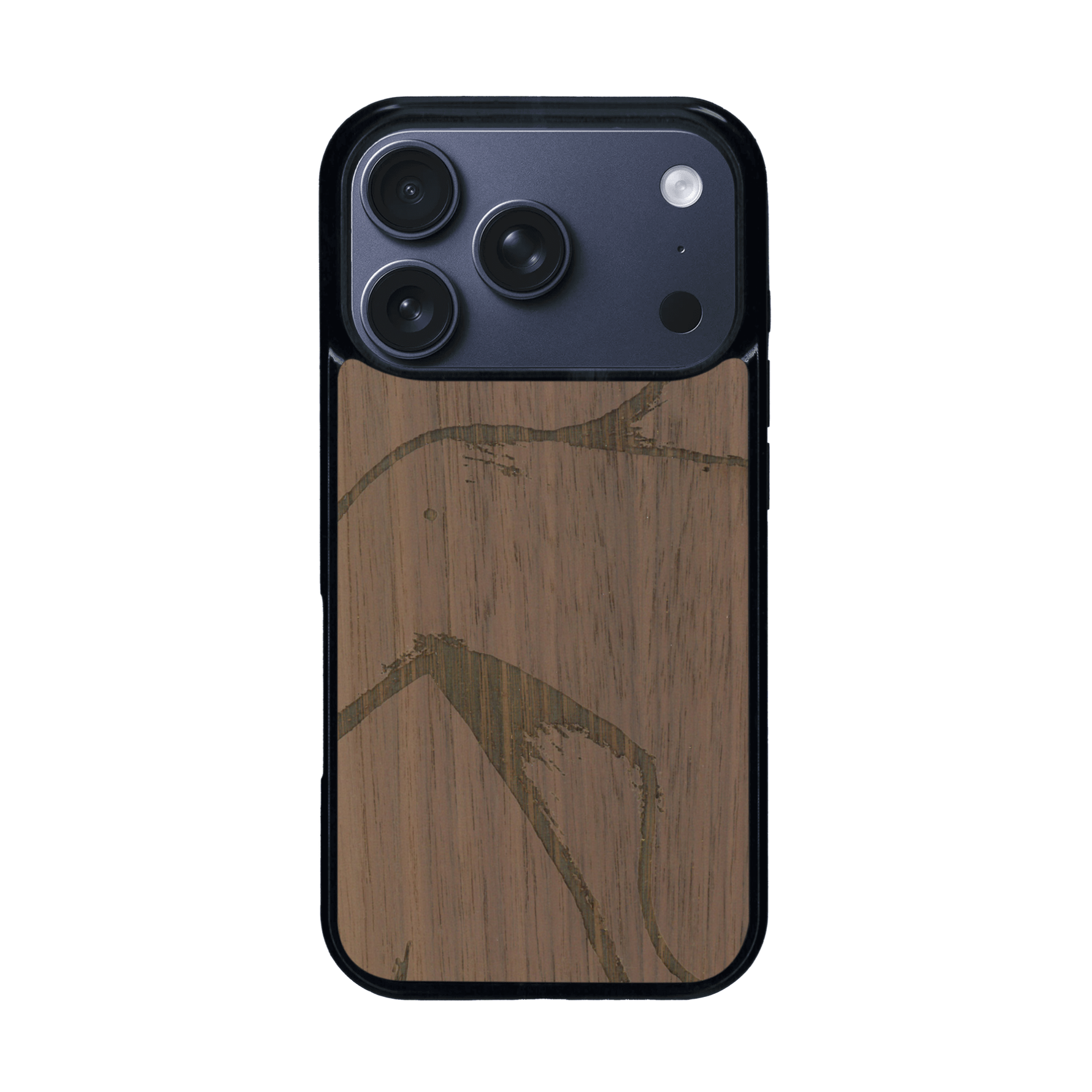 Coque de protection en bois véritable fabriquée en France pour iPhone 17 Pro représentant une silhouette féminine dessinée à la main par l'artiste Maud Dabs
