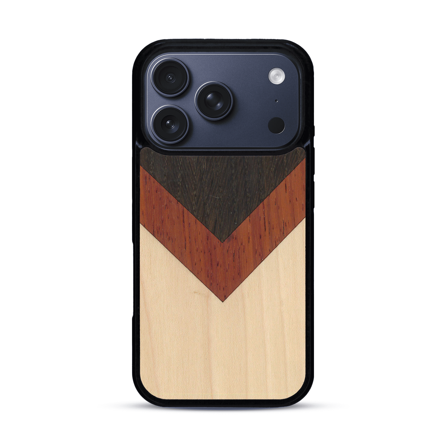Coque de protection en bois véritable fabriquée en France pour  alliant du chêne fumé, du padouk et du bambou en forme de chevron sur le thème de l'art abstrait