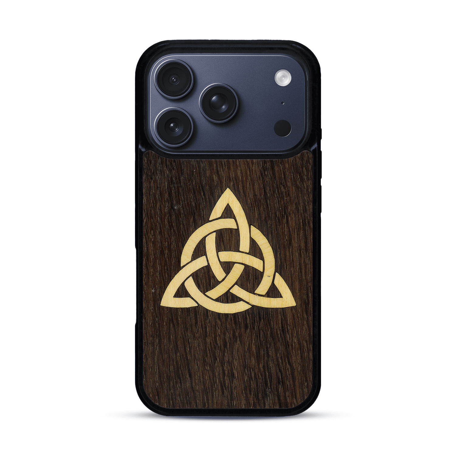Coque de protection en bois véritable fabriquée en France pour  alliant du chêne fumé et du bambou représentant une triquetra
