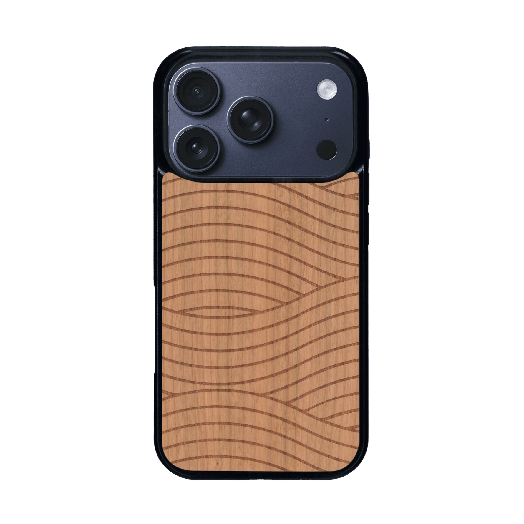 Coque de protection en bois véritable fabriquée en France pour iPhone 17 Pro avec un motif moderne et minimaliste sur le thème waves et wavy représentant les vagues de l'océan