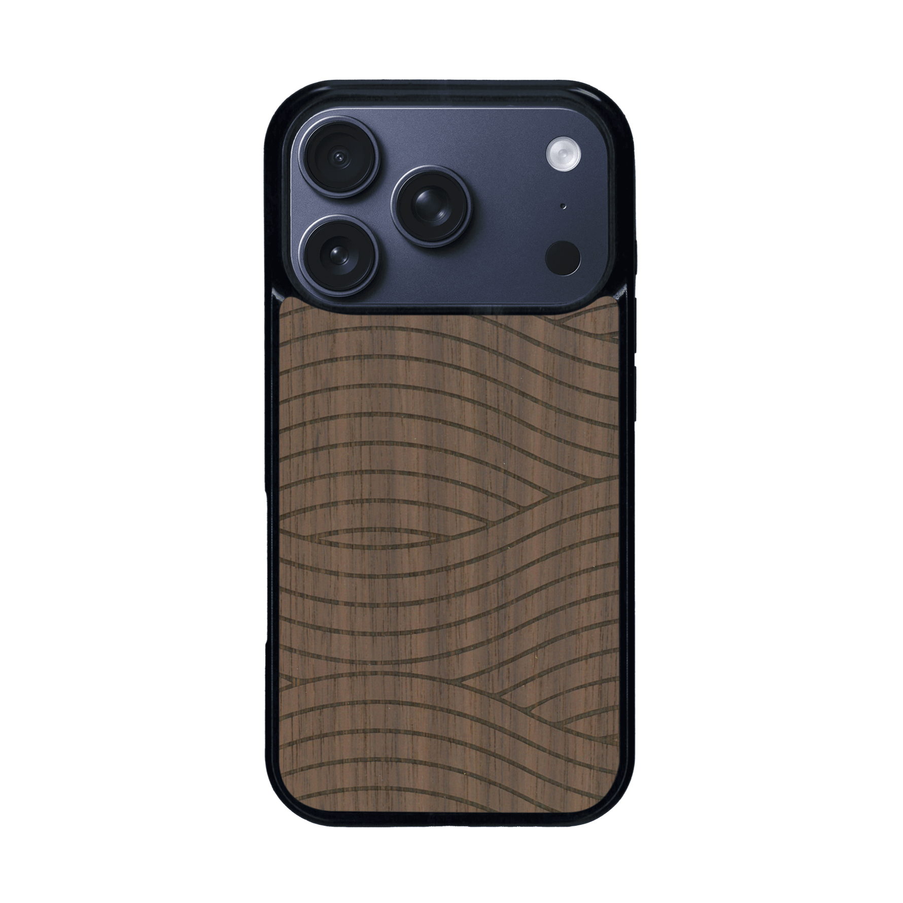 Coque de protection en bois véritable fabriquée en France pour iPhone 17 Pro avec un motif moderne et minimaliste sur le thème waves et wavy représentant les vagues de l'océan