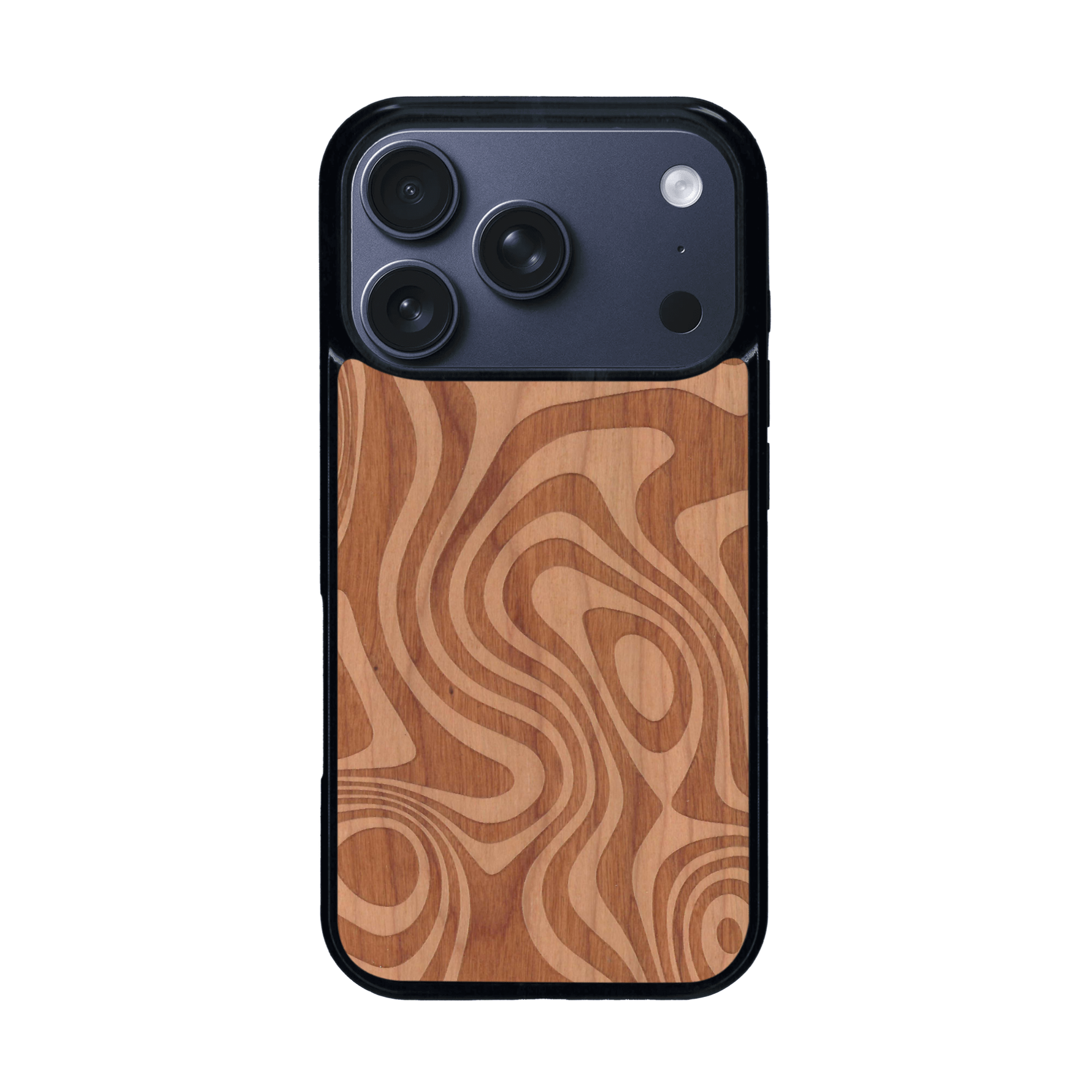 Coque de protection en bois véritable fabriquée en France pour iPhone 17 Pro avec un motif abstrait représentant les mouvements de l'eau