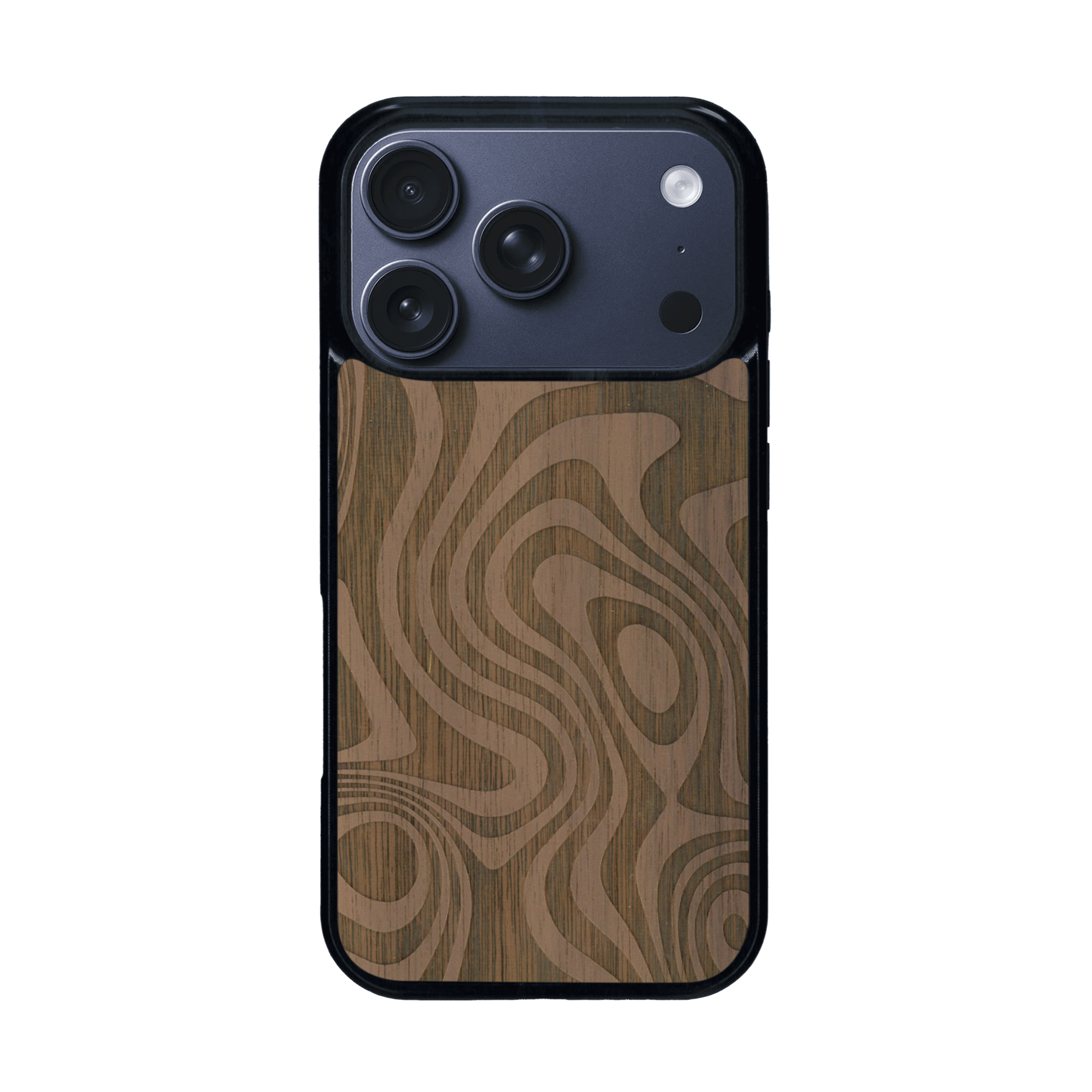 Coque de protection en bois véritable fabriquée en France pour iPhone 17 Pro avec un motif abstrait représentant les mouvements de l'eau