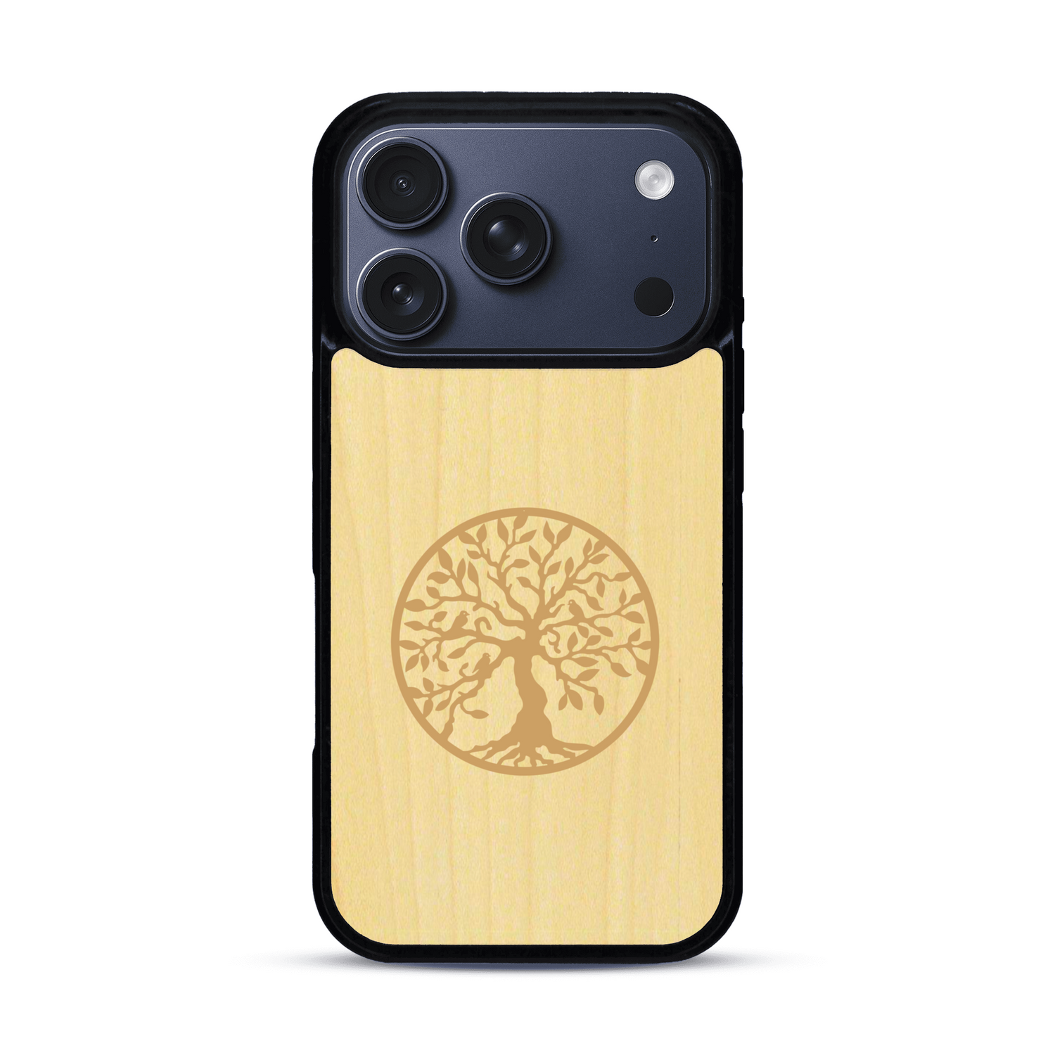 Coque de protection en bois véritable fabriquée en France pour  sur le thème de la spiritualité et du yoga avec une gravure zen représentant un arbre de vie