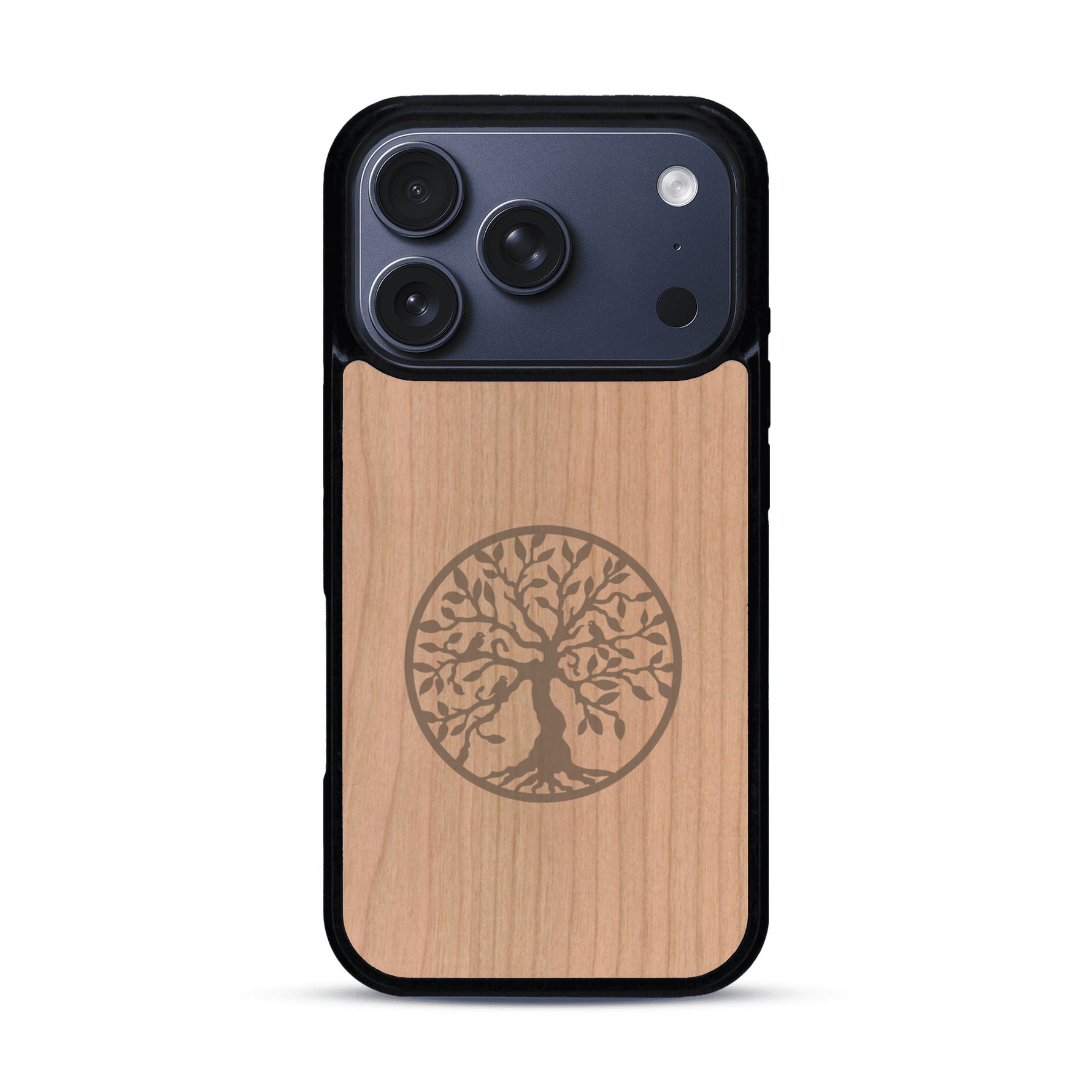 Coque de protection en bois véritable fabriquée en France pour  sur le thème de la spiritualité et du yoga avec une gravure zen représentant un arbre de vie