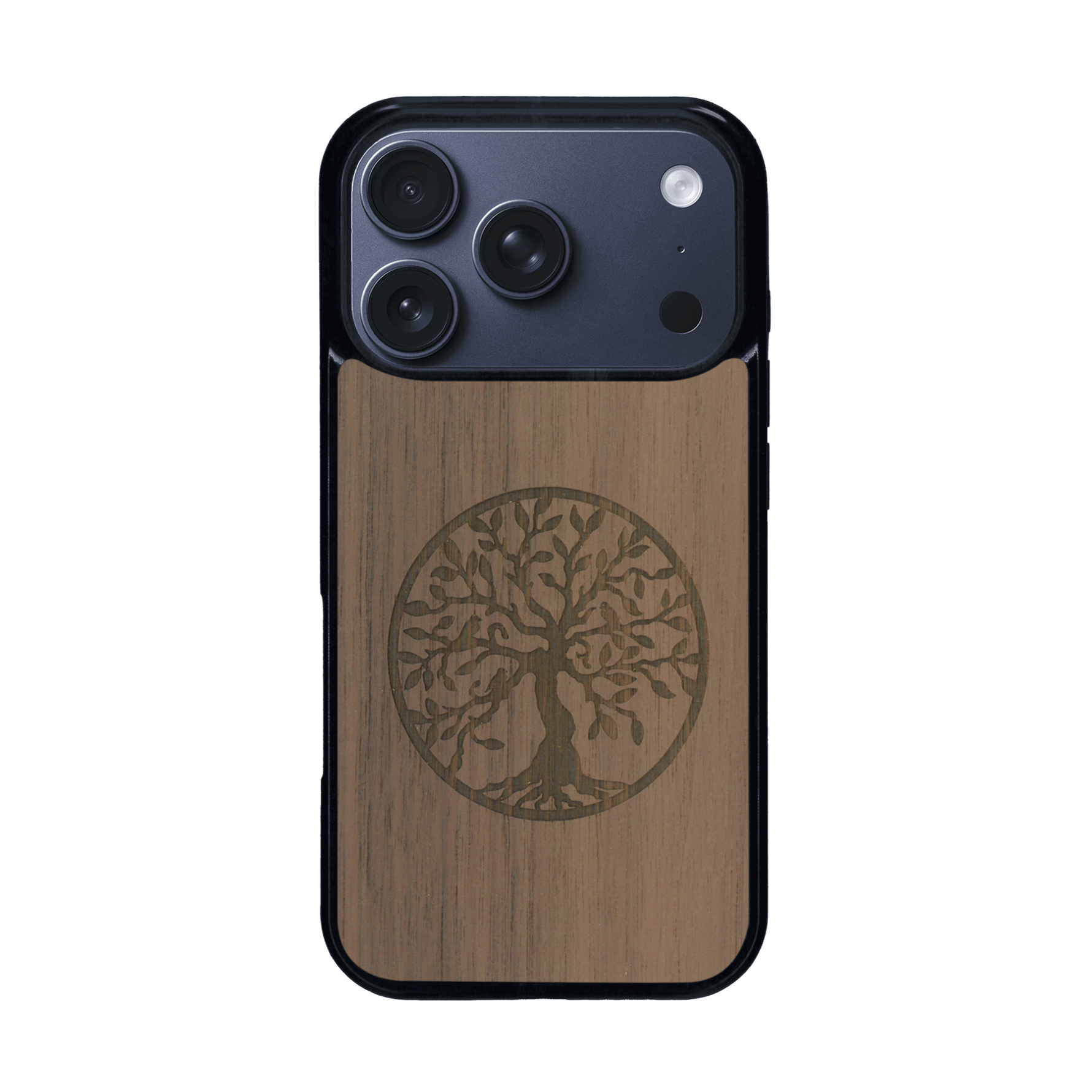 Coque de protection en bois véritable fabriquée en France pour iPhone 17 Pro sur le thème de la spiritualité et du yoga avec une gravure zen représentant un arbre de vie