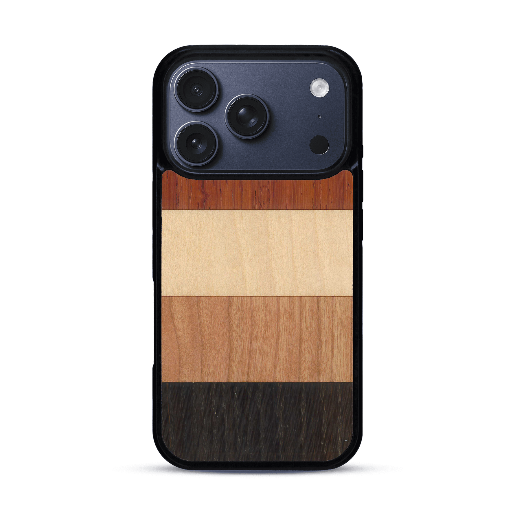 Coque de protection en bois véritable fabriquée en France pour  alliant des bandes horizontales de bambou, merisier, padouk, noyer et chêne fumé
