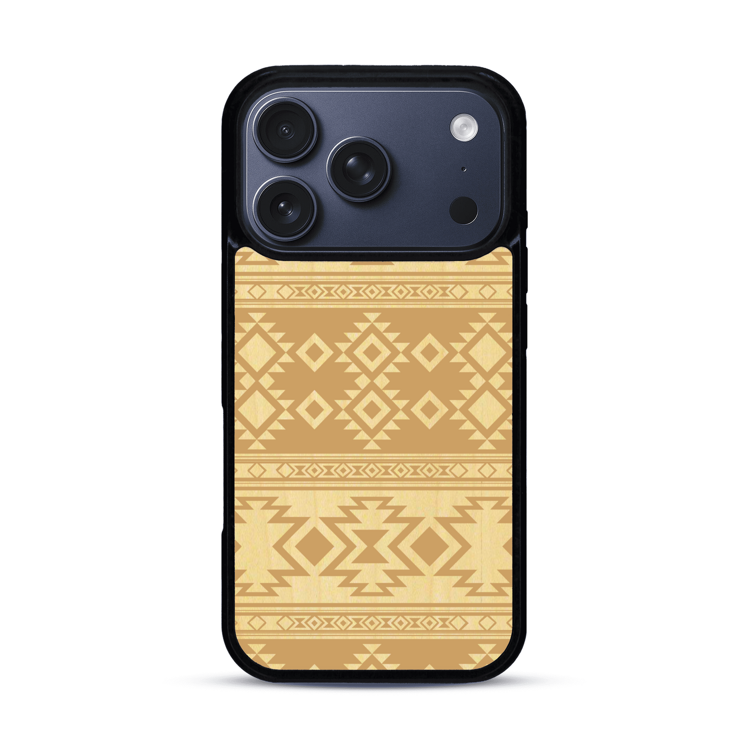 Coque de protection en bois véritable fabriquée en France pour  avec des motifs géométriques s'inspirant des temples aztèques, mayas et incas