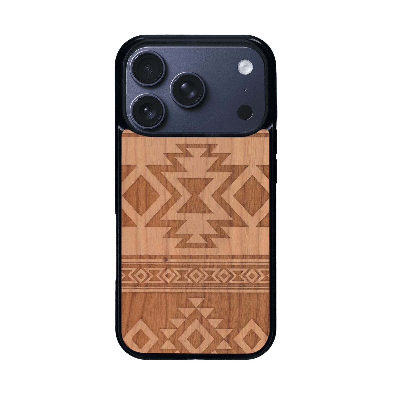 Coque de protection en bois véritable fabriquée en France pour iPhone 17 Pro avec des motifs géométriques s'inspirant des temples aztèques, mayas et incas