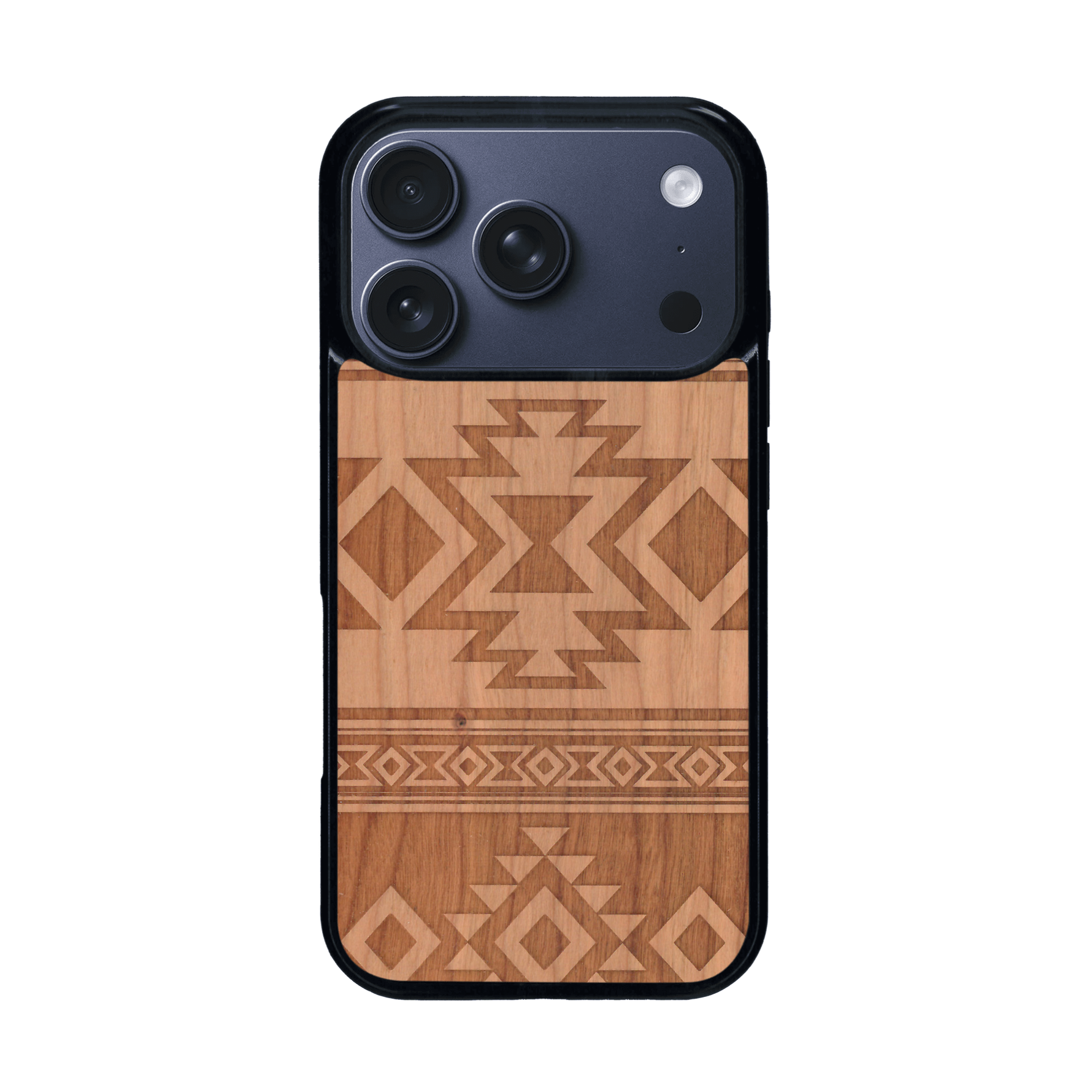 Coque de protection en bois véritable fabriquée en France pour iPhone 17 Pro avec des motifs géométriques s'inspirant des temples aztèques, mayas et incas