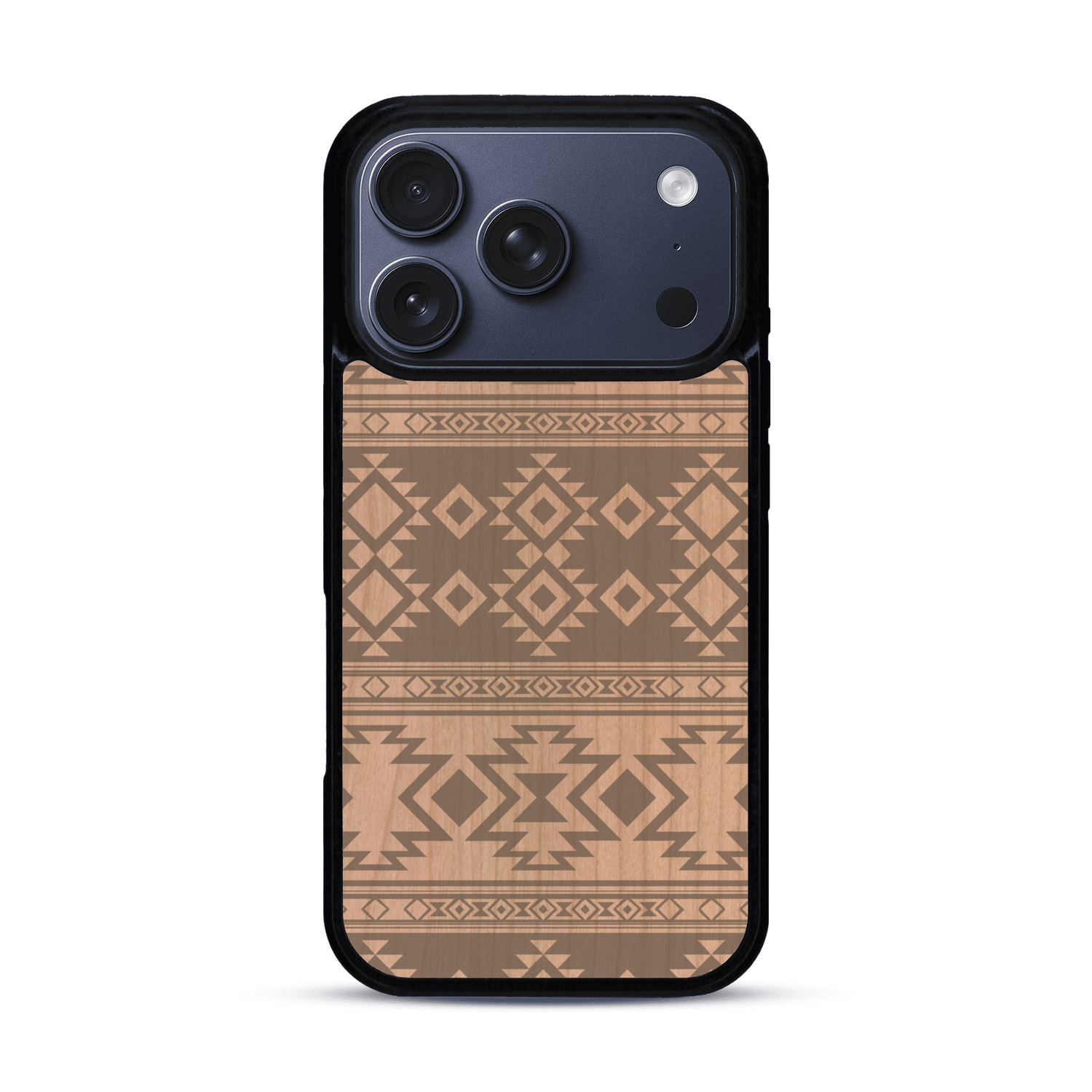Coque de protection en bois véritable fabriquée en France pour  avec des motifs géométriques s'inspirant des temples aztèques, mayas et incas