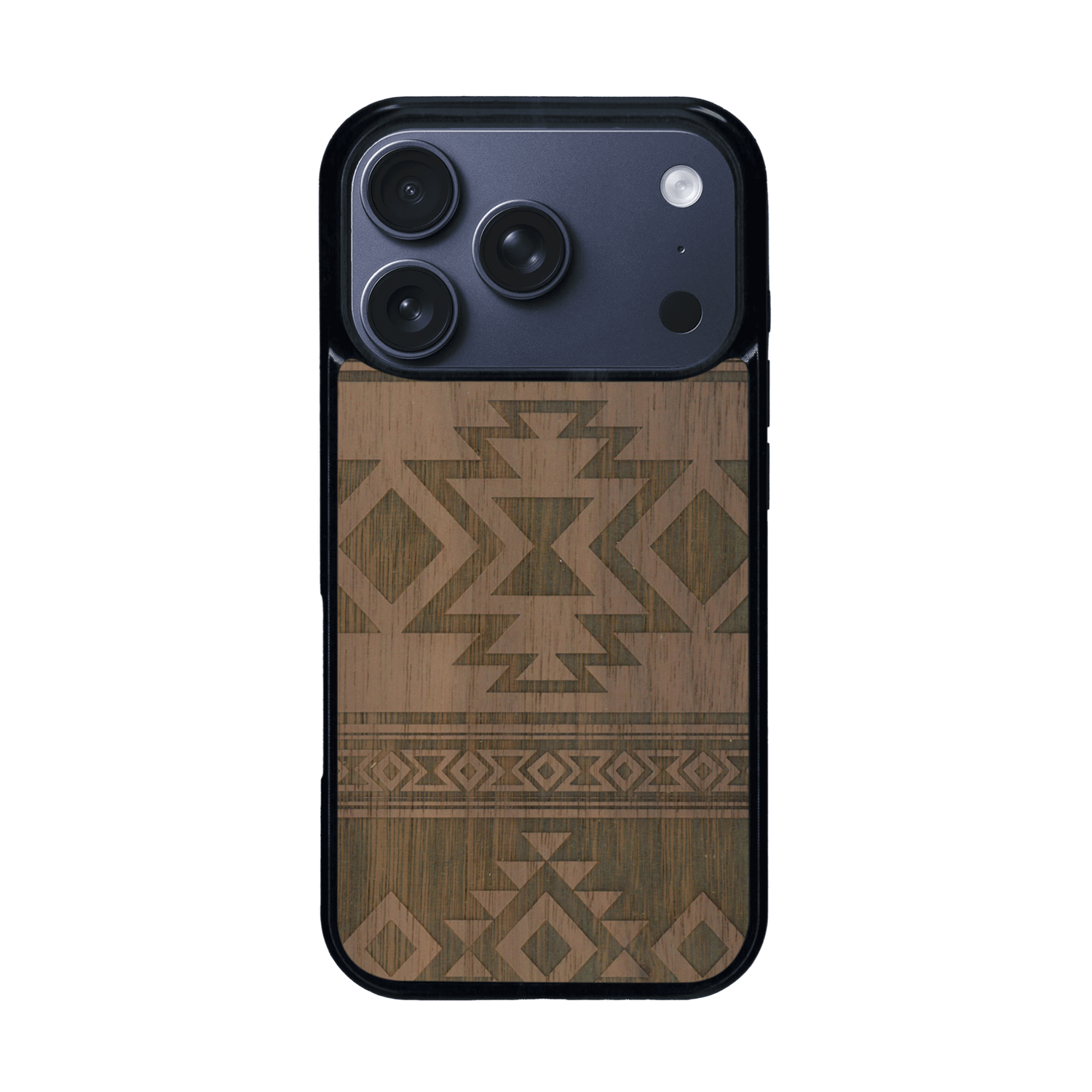 Coque de protection en bois véritable fabriquée en France pour iPhone 17 Pro avec des motifs géométriques s'inspirant des temples aztèques, mayas et incas