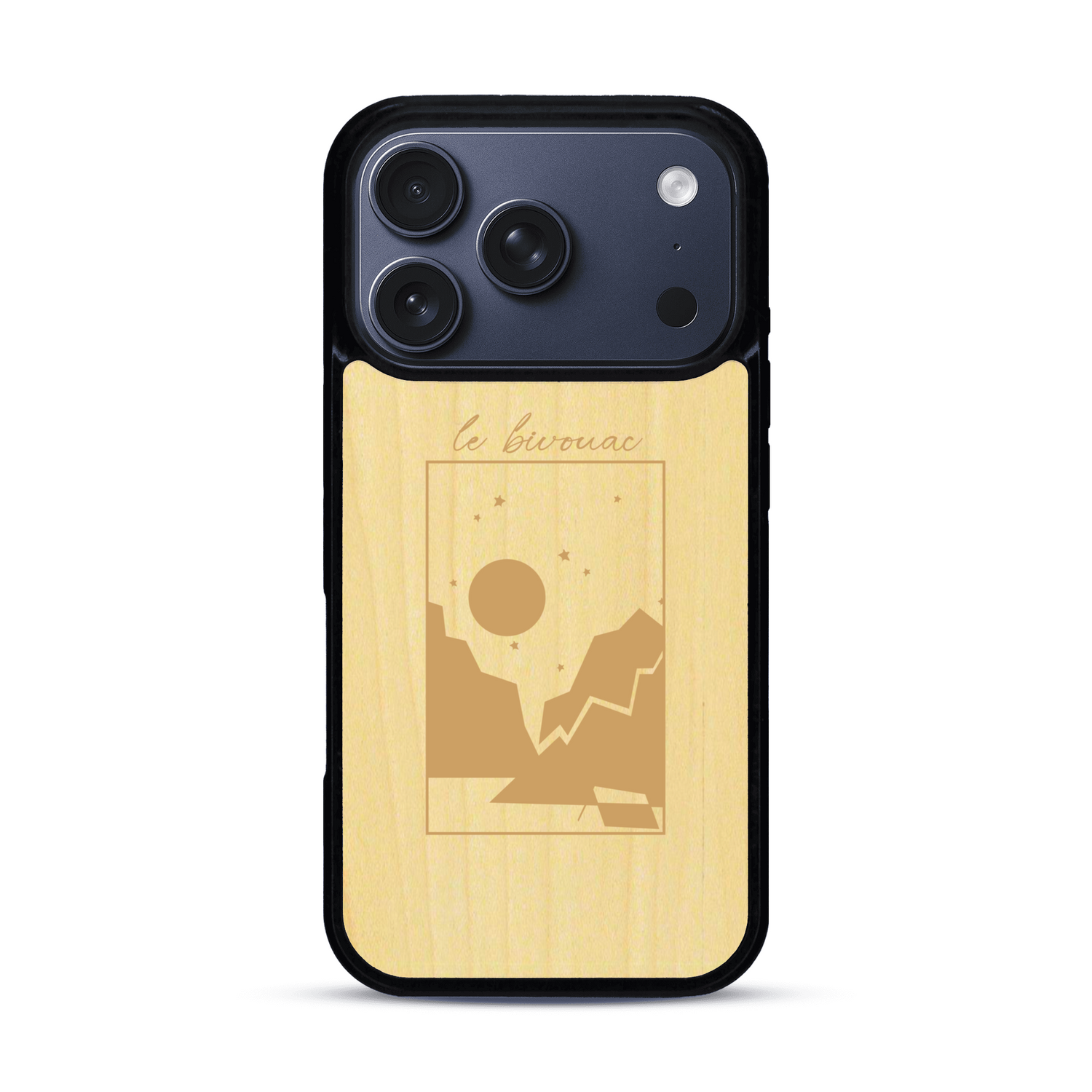 Coque de protection en bois véritable fabriquée en France pour  sur le thème du camping en pleine nature et du bivouac avec la phrase "Aventure is out there"