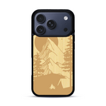 Coque de protection en bois véritable fabriquée en France pour  sur le thème du camping en pleine nature représentant une tente avec un feu de camp entouré de montagnes