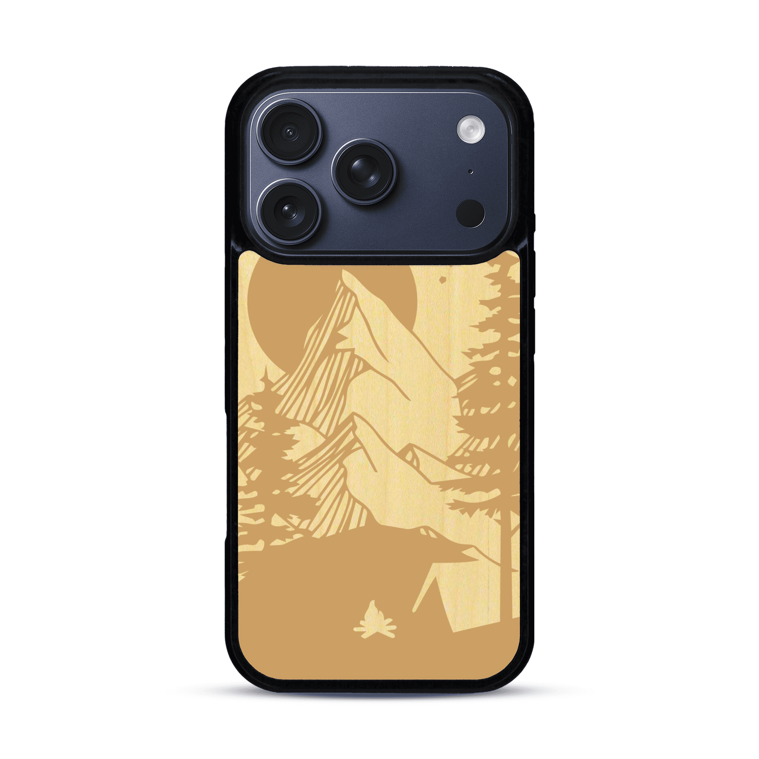 Coque de protection en bois véritable fabriquée en France pour  sur le thème du camping en pleine nature représentant une tente avec un feu de camp entouré de montagnes