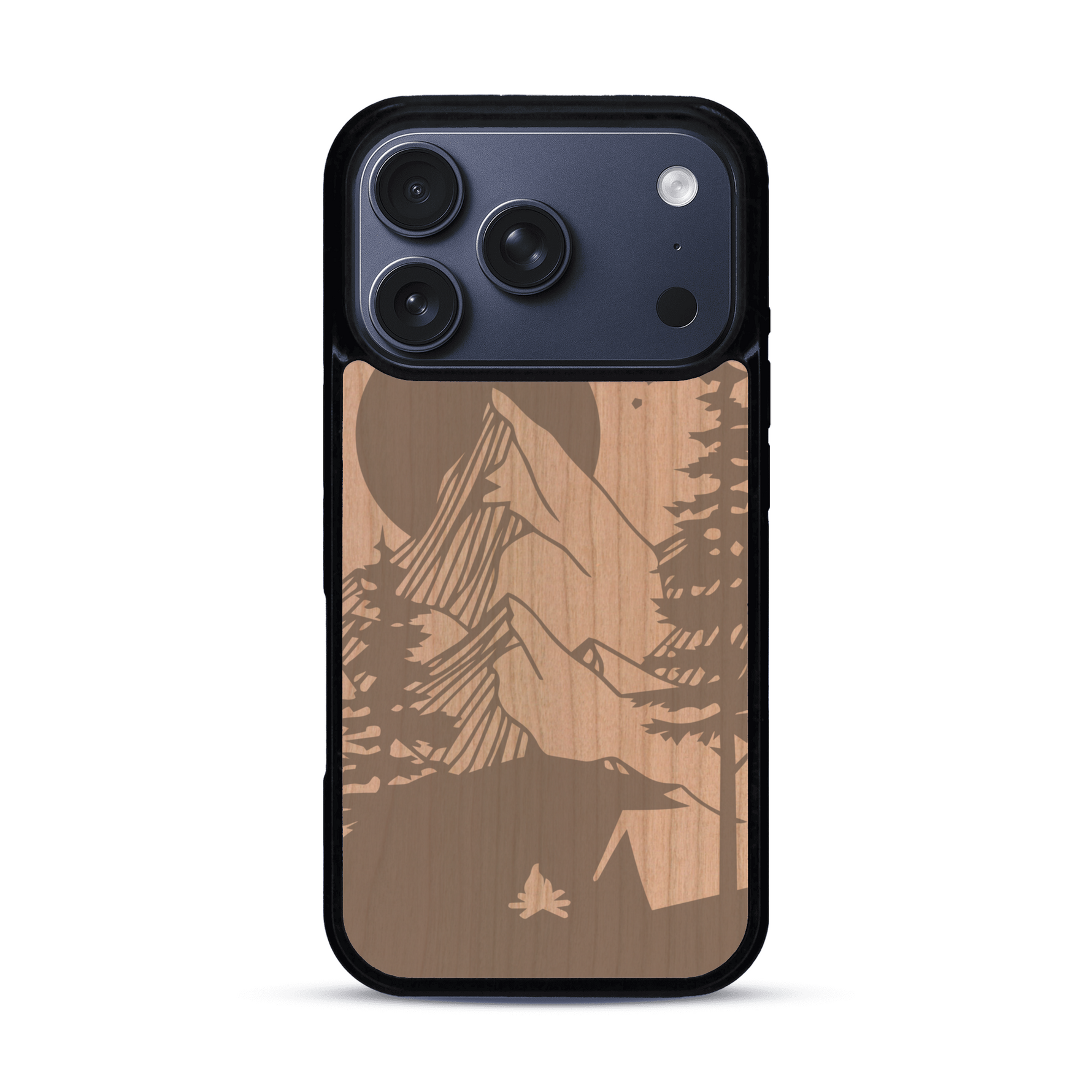Coque de protection en bois véritable fabriquée en France pour  sur le thème du camping en pleine nature représentant une tente avec un feu de camp entouré de montagnes