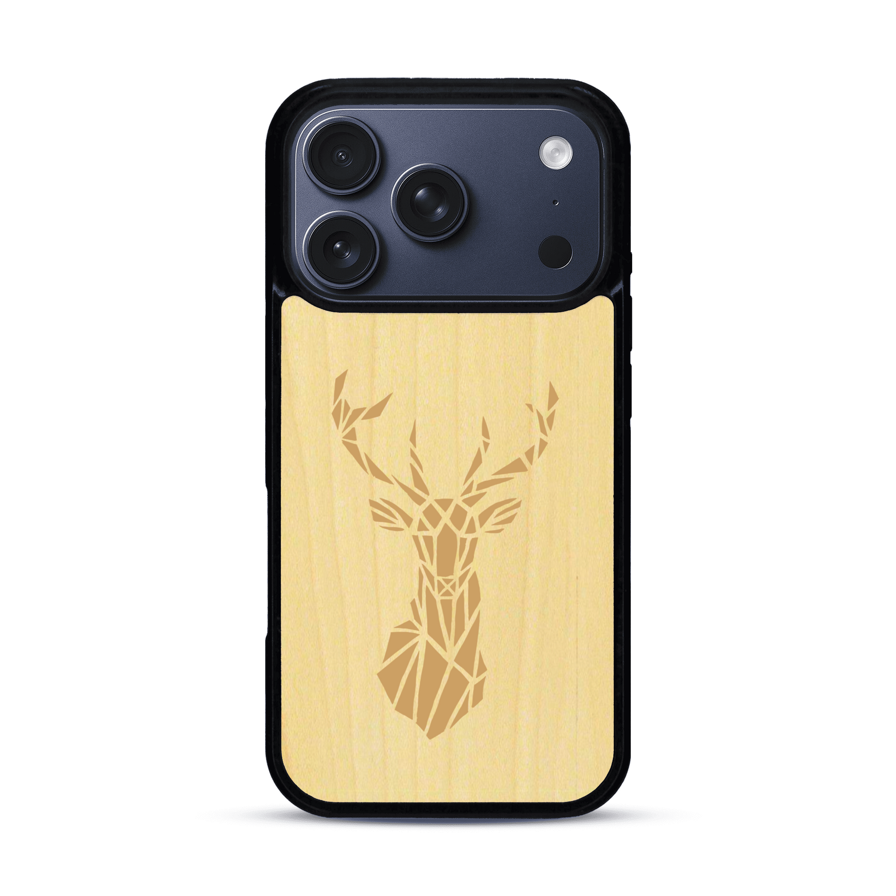 Coque de protection en bois véritable fabriquée en France pour  sur le thème de la nature et des animaux représentant une tête de cerf gométrique avec un design moderne et minimaliste