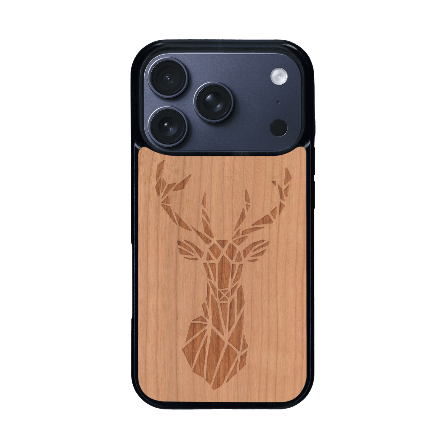 Coque de protection en bois véritable fabriquée en France pour iPhone 17 Pro sur le thème de la nature et des animaux représentant une tête de cerf gométrique avec un design moderne et minimaliste