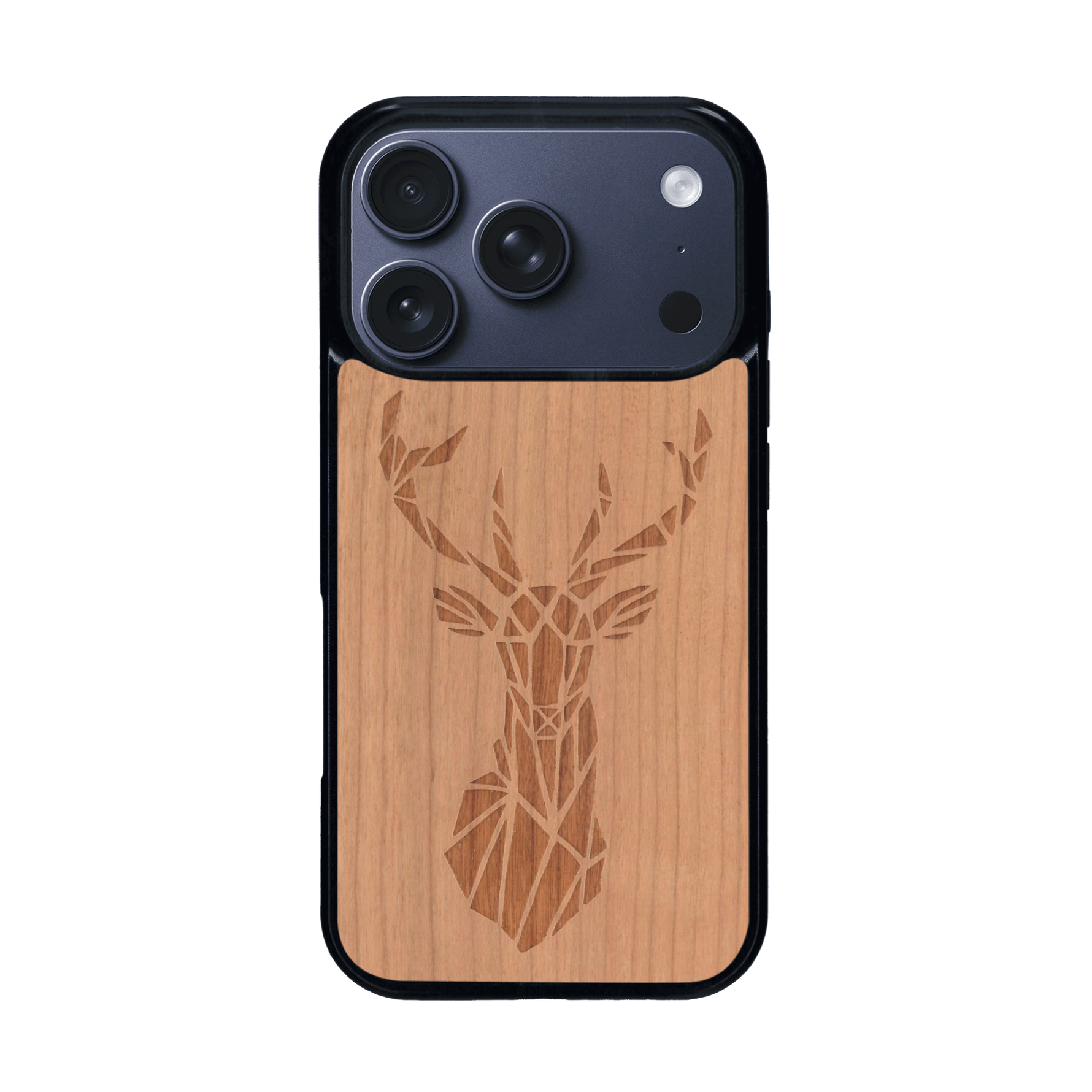 Coque de protection en bois véritable fabriquée en France pour iPhone 17 Pro sur le thème de la nature et des animaux représentant une tête de cerf gométrique avec un design moderne et minimaliste