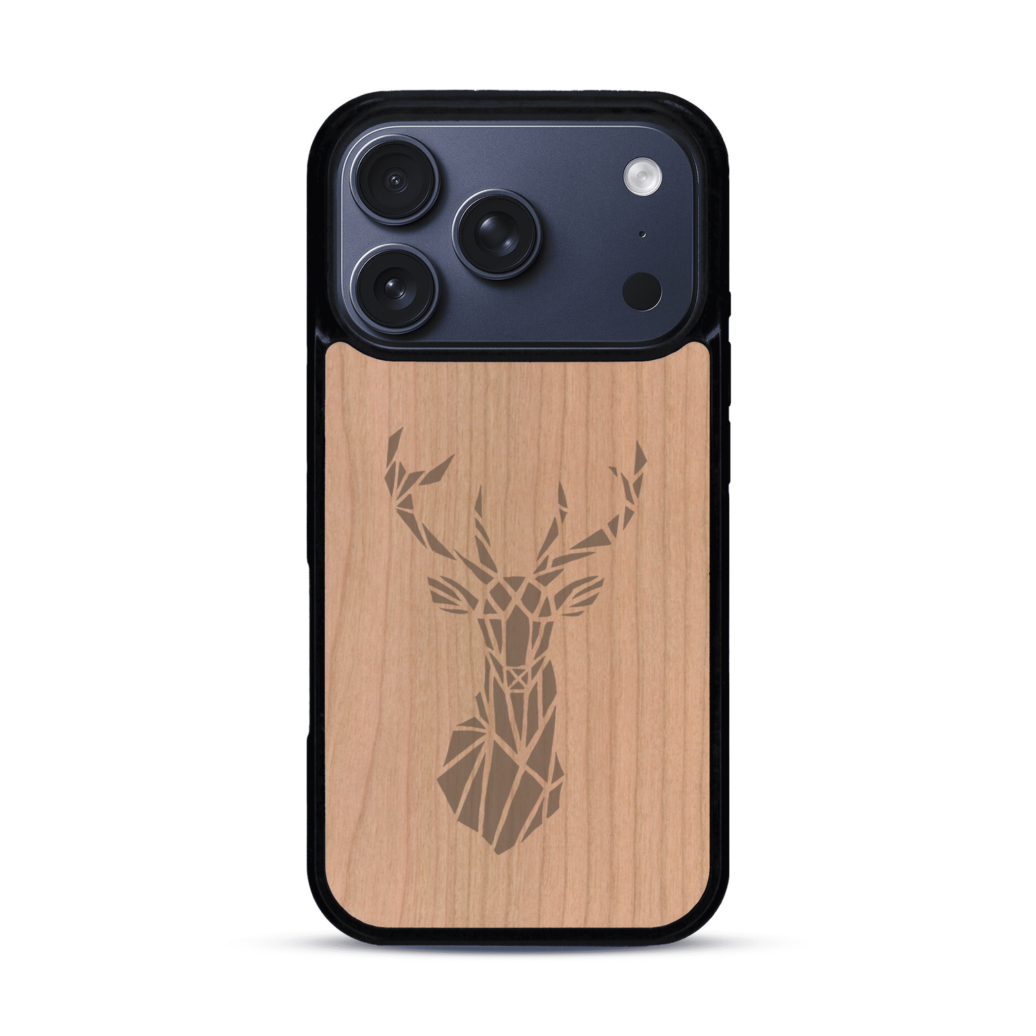 Coque de protection en bois véritable fabriquée en France pour  sur le thème de la nature et des animaux représentant une tête de cerf gométrique avec un design moderne et minimaliste