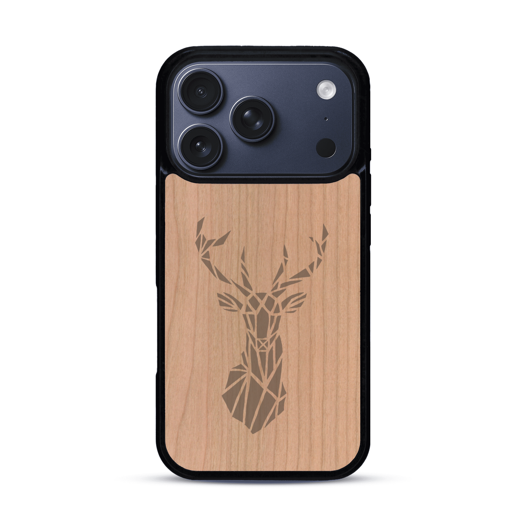 Coque de protection en bois véritable fabriquée en France pour  sur le thème de la nature et des animaux représentant une tête de cerf gométrique avec un design moderne et minimaliste