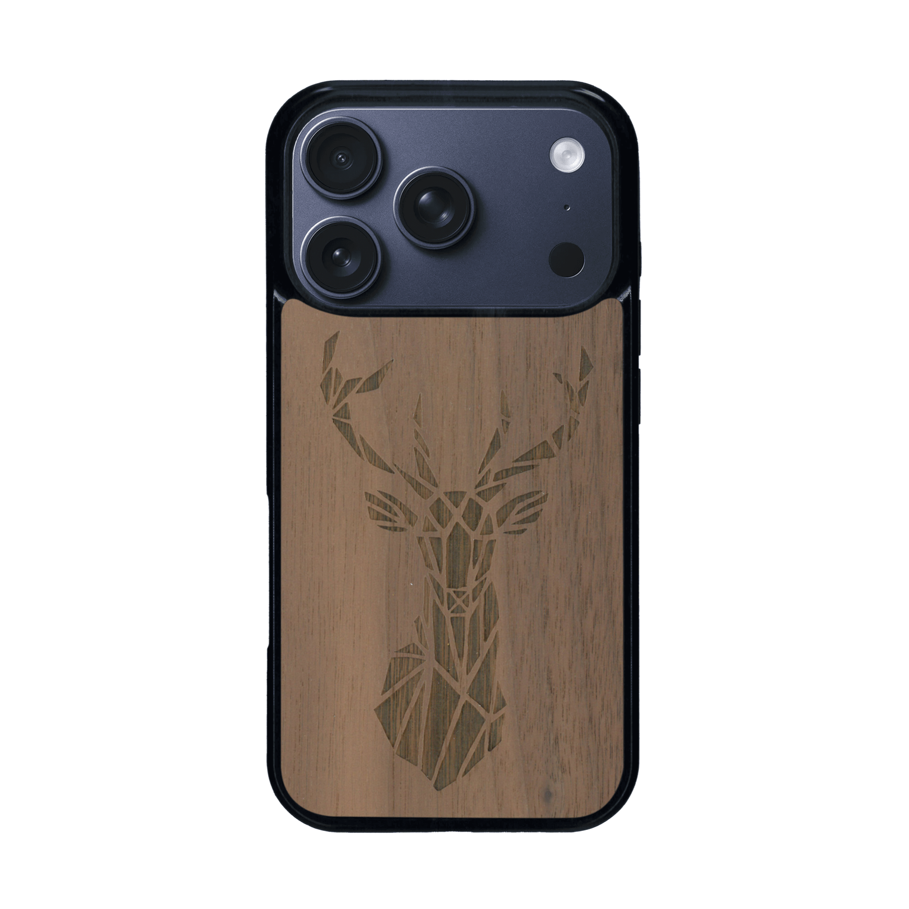 Coque de protection en bois véritable fabriquée en France pour iPhone 17 Pro sur le thème de la nature et des animaux représentant une tête de cerf gométrique avec un design moderne et minimaliste