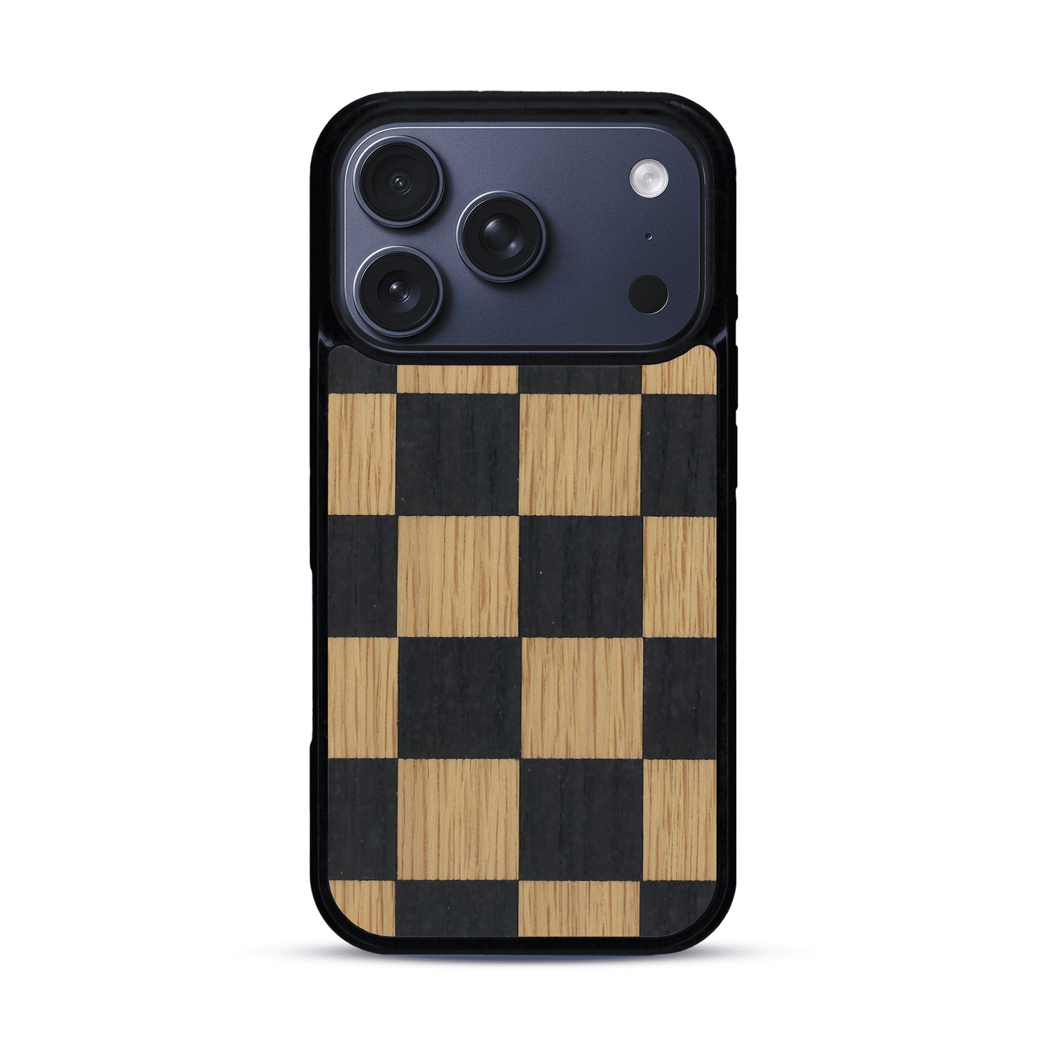 Coque de protection en bois véritable fabriquée en France pour  alliant plusieurs essences de bois pour représenter un damier