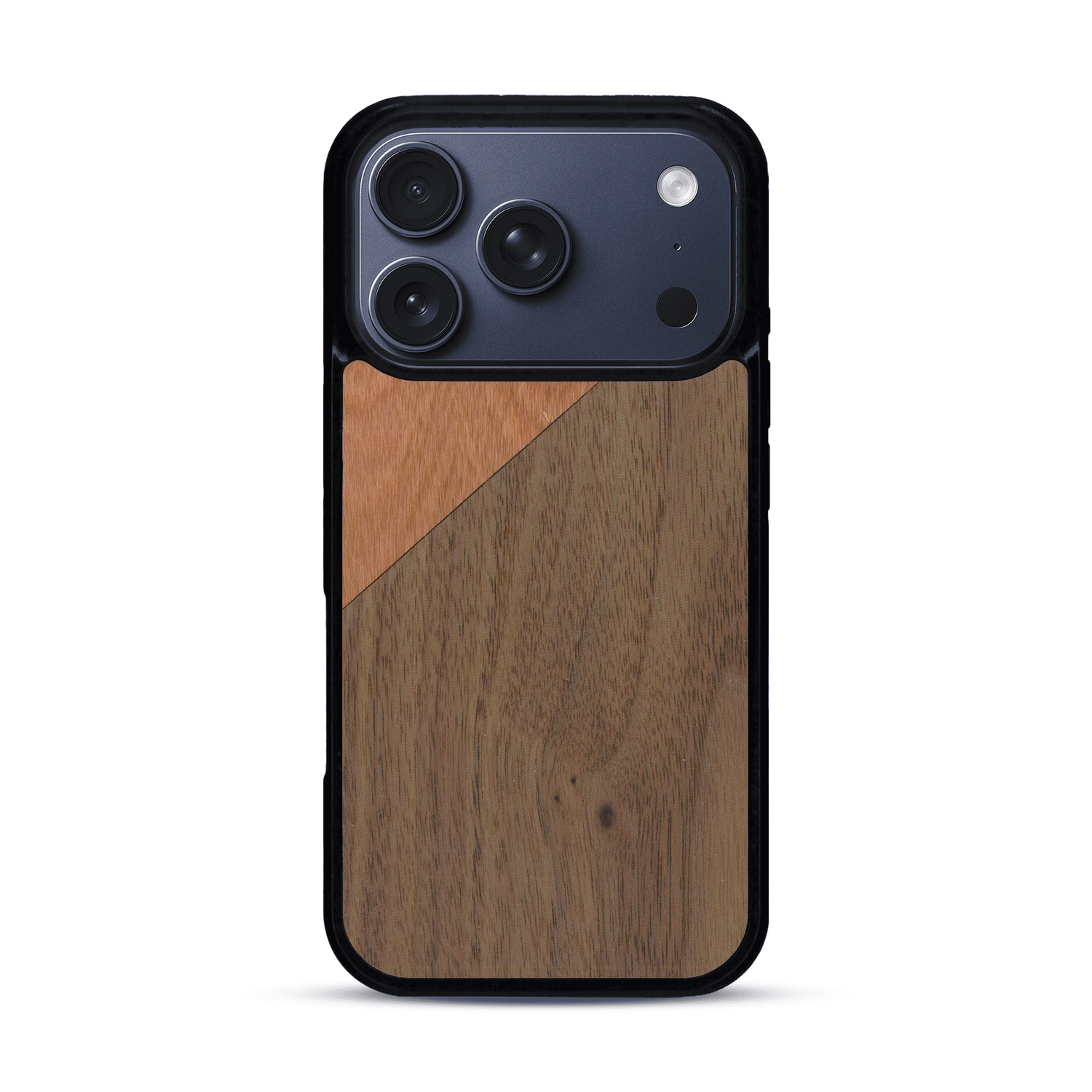 Coque de protection en bois véritable fabriquée en France pour  alliant du merisier et du noyer formant chacun un triangle avec une jointure en diagonale sur le thème de l'art abstrait