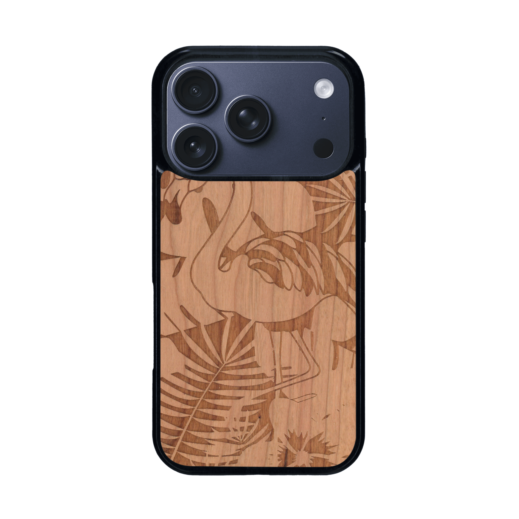 Coque de protection en bois véritable fabriquée en France pour iPhone 17 Pro sur le thème de la nature et des animaux représentant un flamant rose entre des fougères