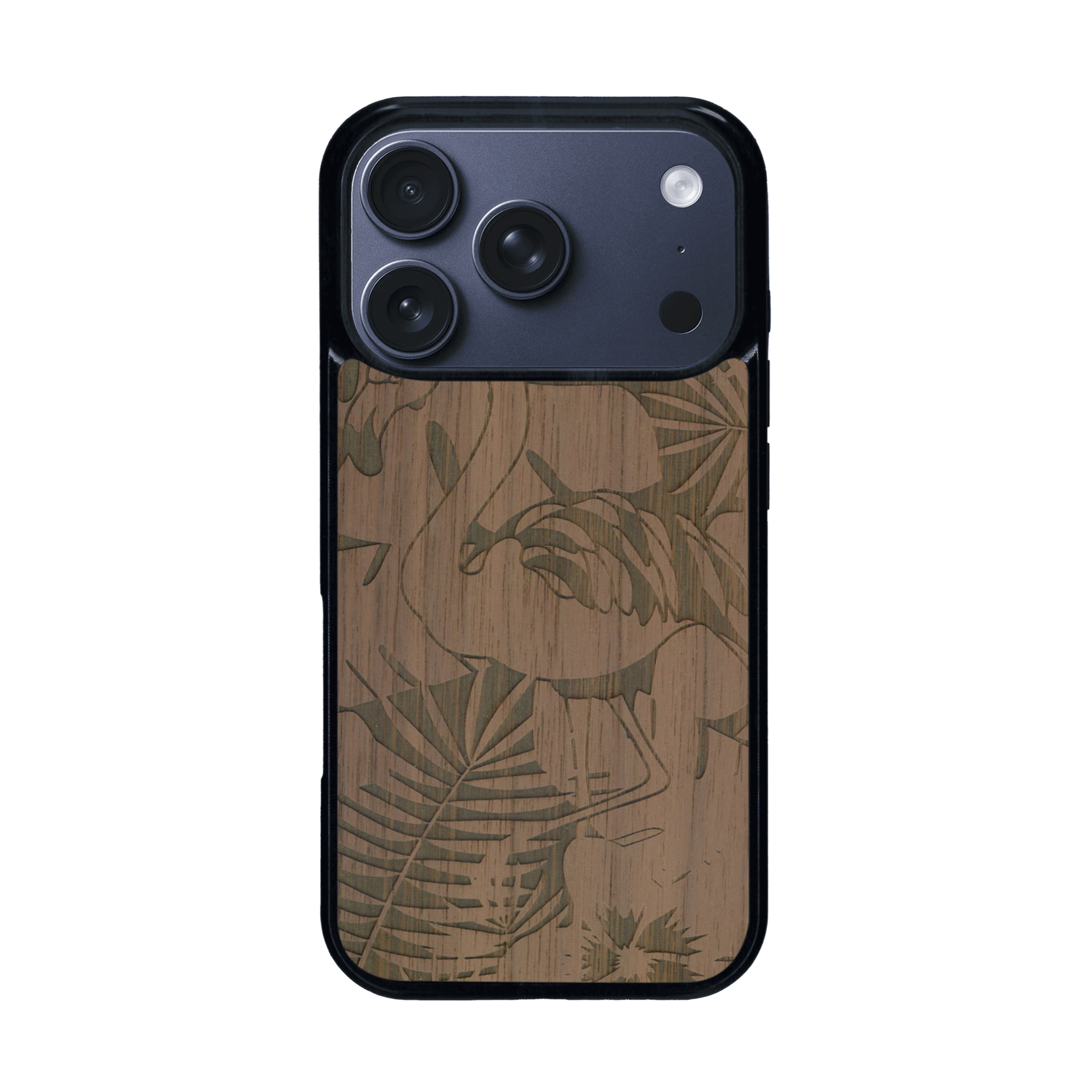 Coque de protection en bois véritable fabriquée en France pour iPhone 17 Pro sur le thème de la nature et des animaux représentant un flamant rose entre des fougères