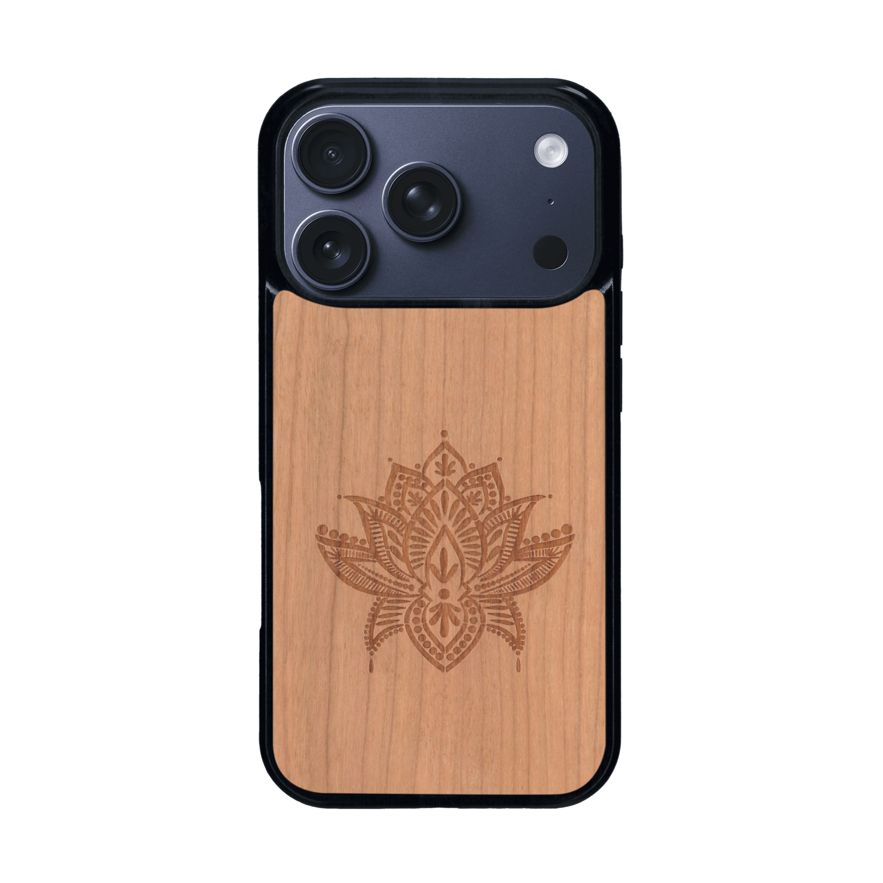 Coque de protection en bois véritable fabriquée en France pour iPhone 17 Pro sur le thème de la nature et du yoga avec une gravure zen représentant une fleur de lotus
