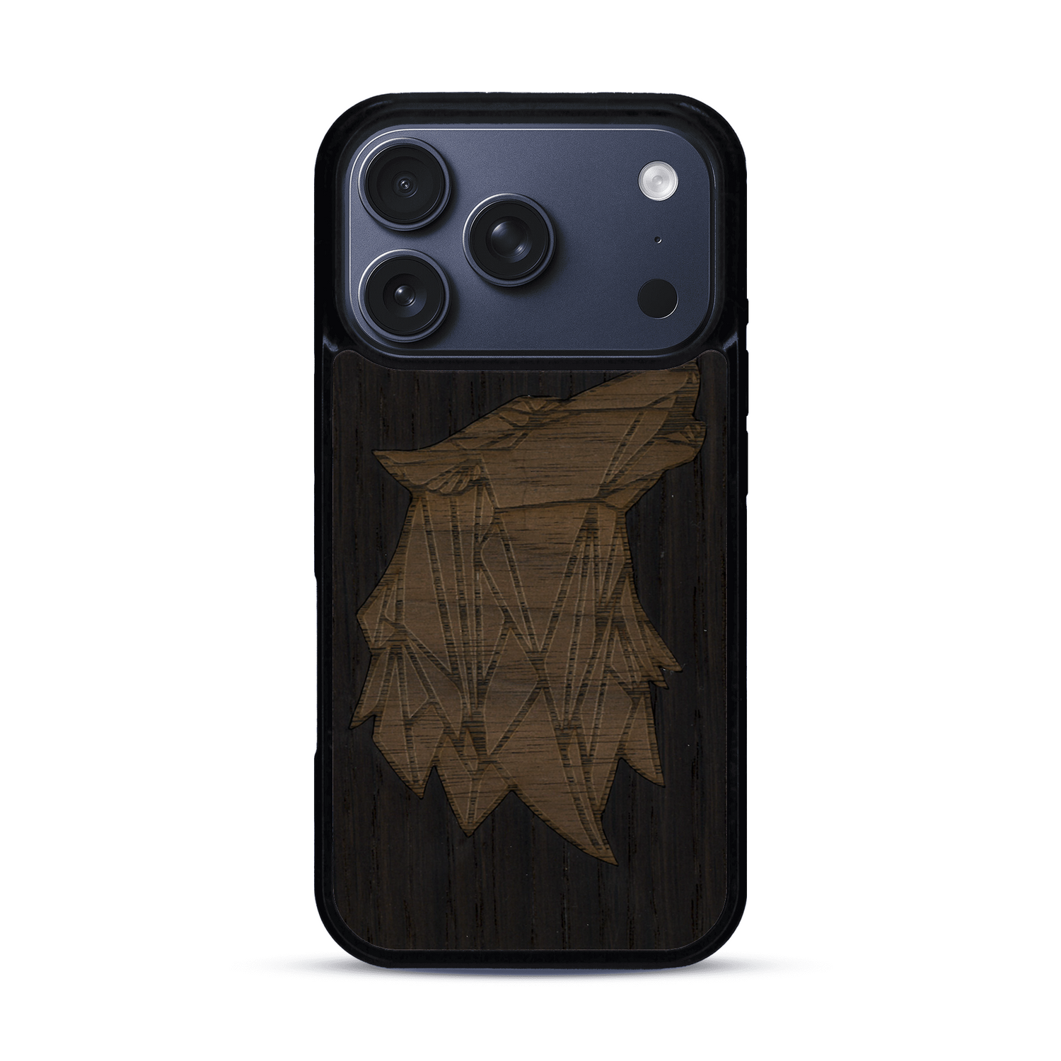 Coque de protection en bois véritable fabriquée en France pour  alliant du chêne fumé et du noyer représentant une tête de loup géométrique de profil sur le thème des animaux et de la nature