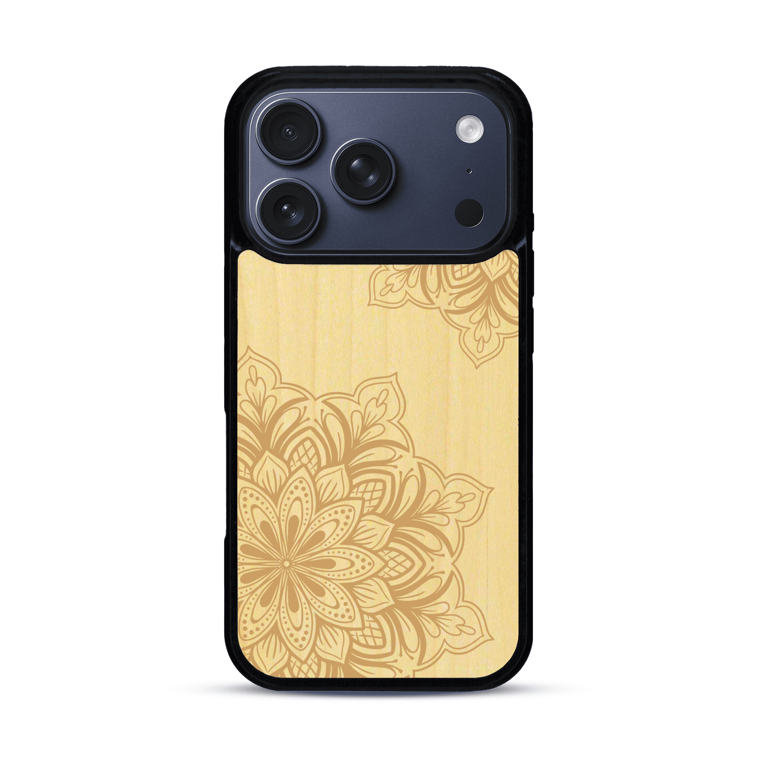 Coque de protection en bois véritable fabriquée en France pour  sur le thème de la bohème et du tatouage au henné avec une gravure représentant un mandala
