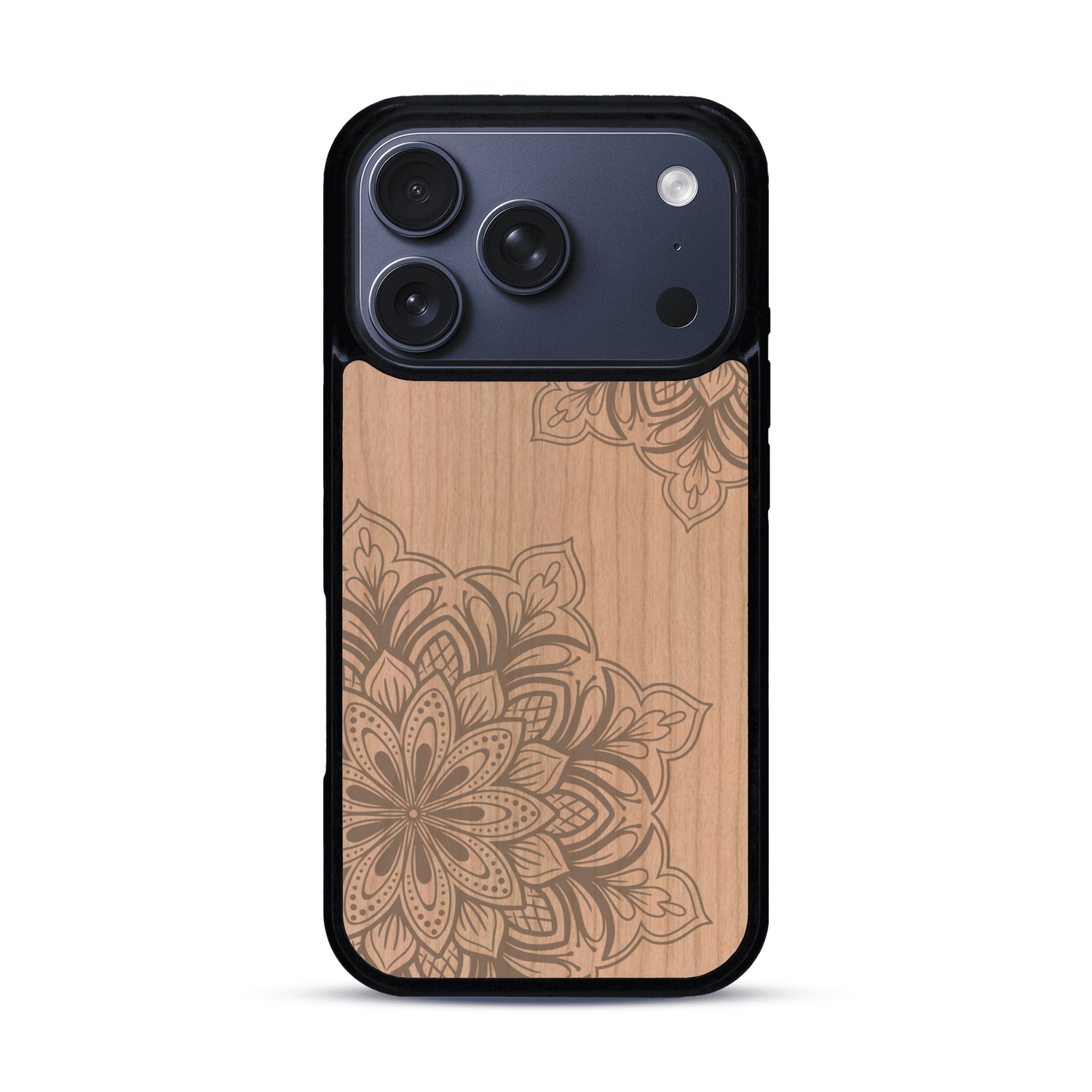 Coque de protection en bois véritable fabriquée en France pour  sur le thème de la bohème et du tatouage au henné avec une gravure représentant un mandala