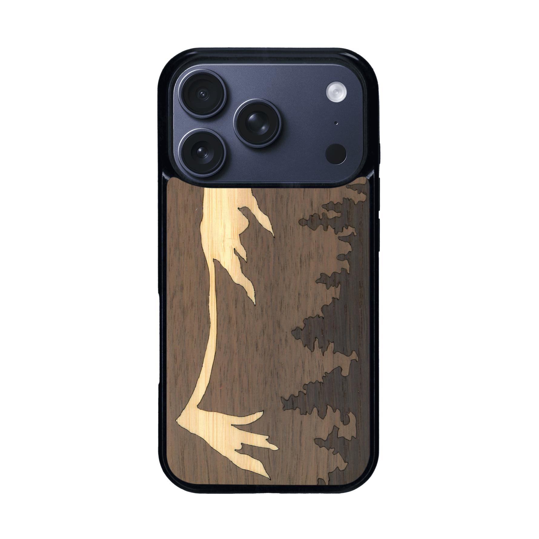 Coque de protection en bois véritable fabriquée en France pour iPhone 17 Pro sur le thème de la nature et de la montagne qui allie du chêne fumé, du noyer et du bambou représentant le mont mézenc