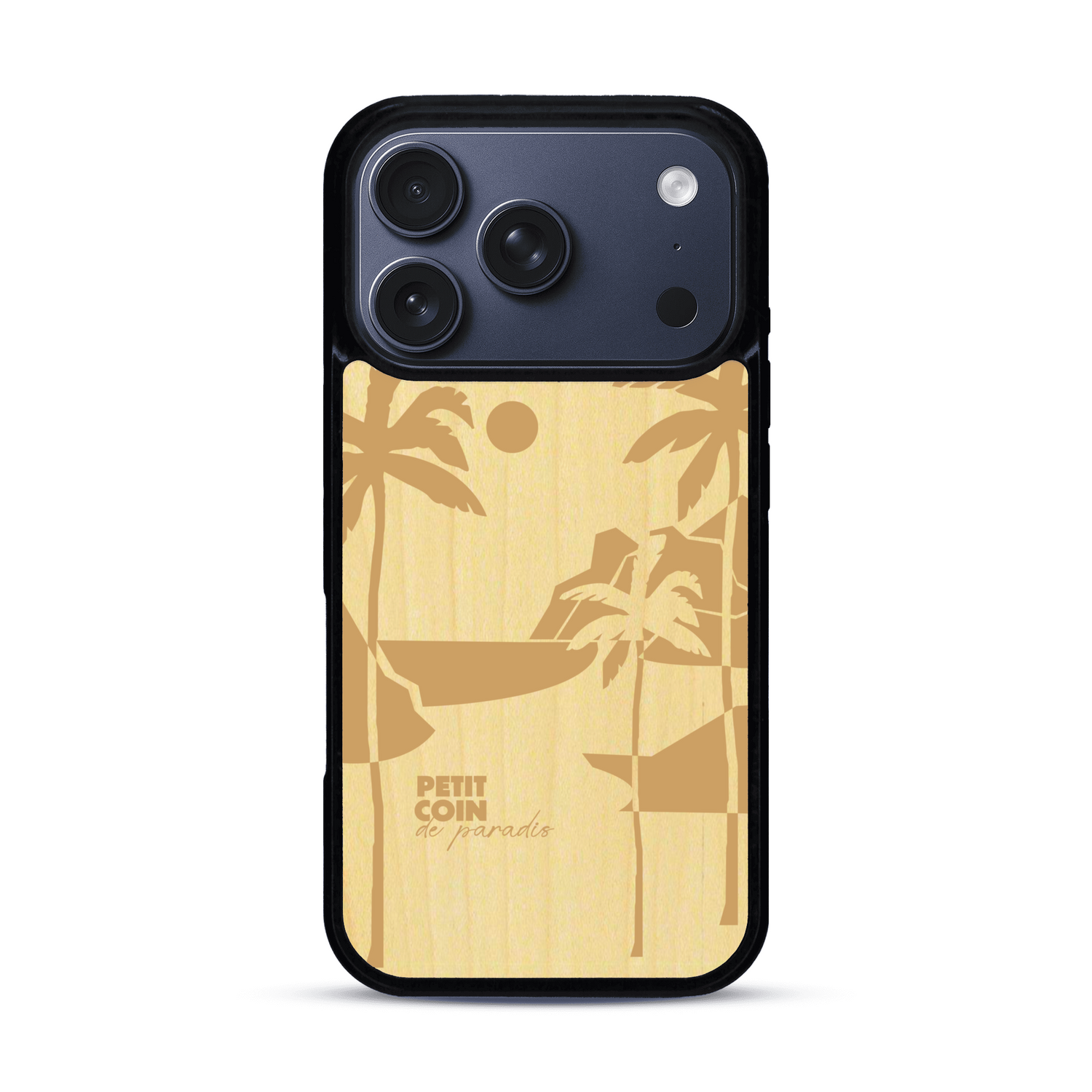 Coque de protection en bois véritable fabriquée en France pour  sur le thème des voyages en vans, vanlife et chill avec une gravure représentant un van vw combi devant le soleil couchant sur une plage avec des vagues