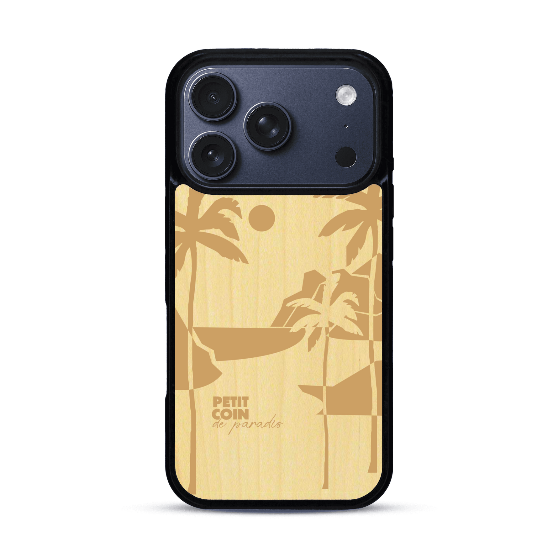 Coque de protection en bois véritable fabriquée en France pour  sur le thème des voyages en vans, vanlife et chill avec une gravure représentant un van vw combi devant le soleil couchant sur une plage avec des vagues
