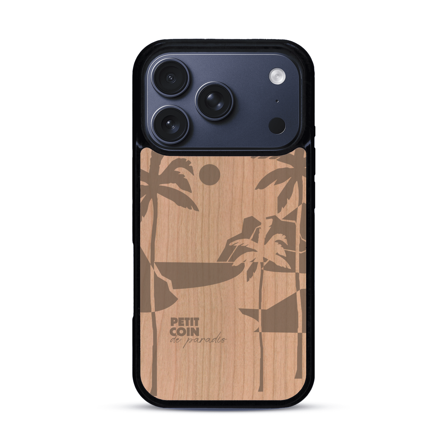 Coque de protection en bois véritable fabriquée en France pour  sur le thème des voyages en vans, vanlife et chill avec une gravure représentant un van vw combi devant le soleil couchant sur une plage avec des vagues
