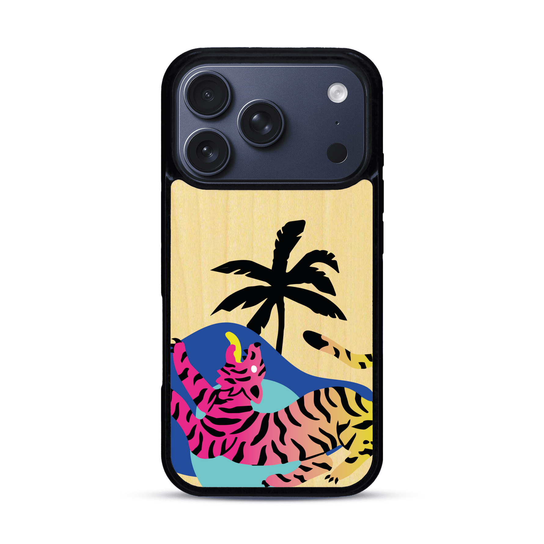 Coque de protection en bois véritable fabriquée en France pour iPhone 17 Pro représentant un tigre coloré avec un design moderne et minimaliste sur le thème de la jungle et de la nature