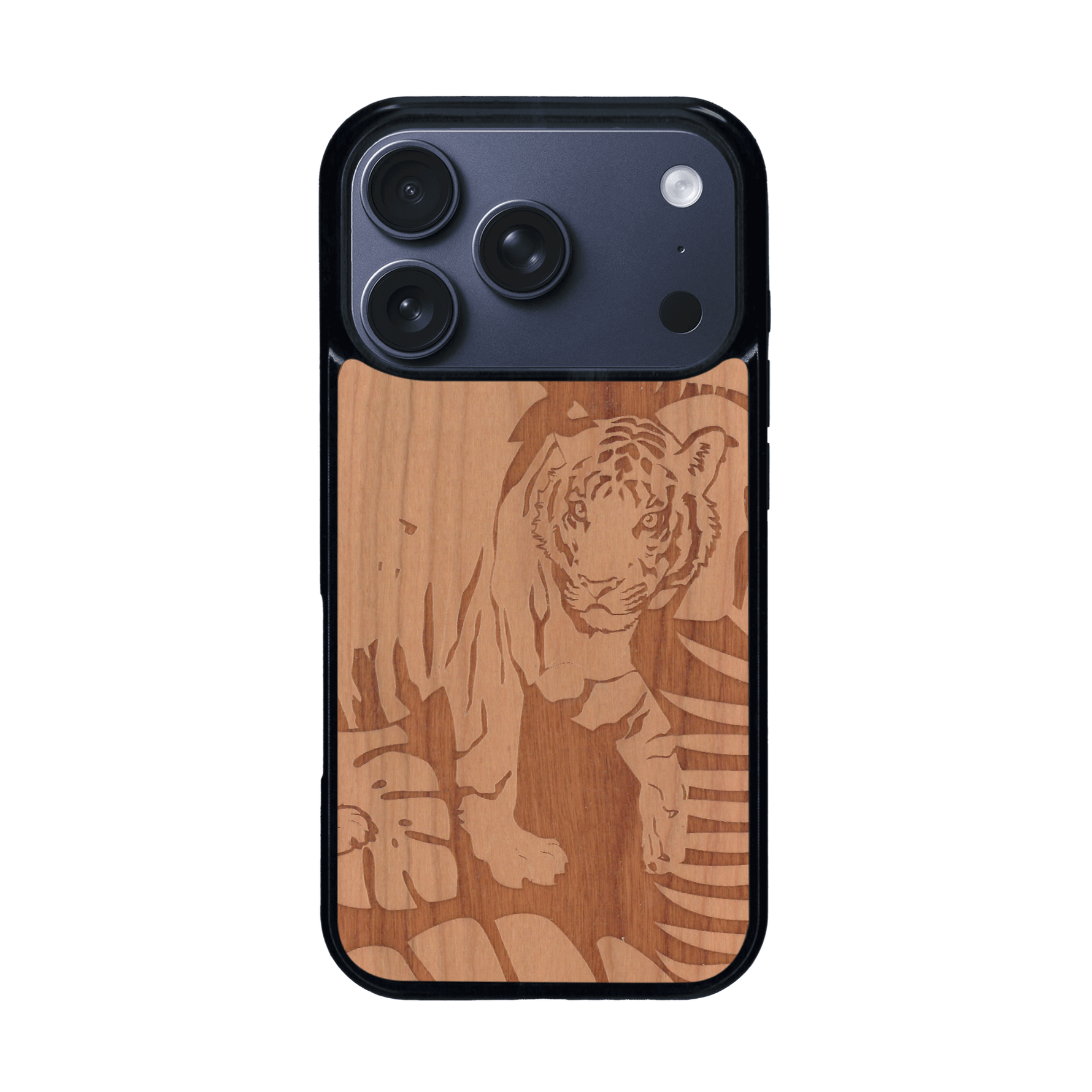 Coque de protection en bois véritable fabriquée en France pour iPhone 17 Pro sur le thème de la nature et des animaux représentant un tigre dans la jungle entre des fougères