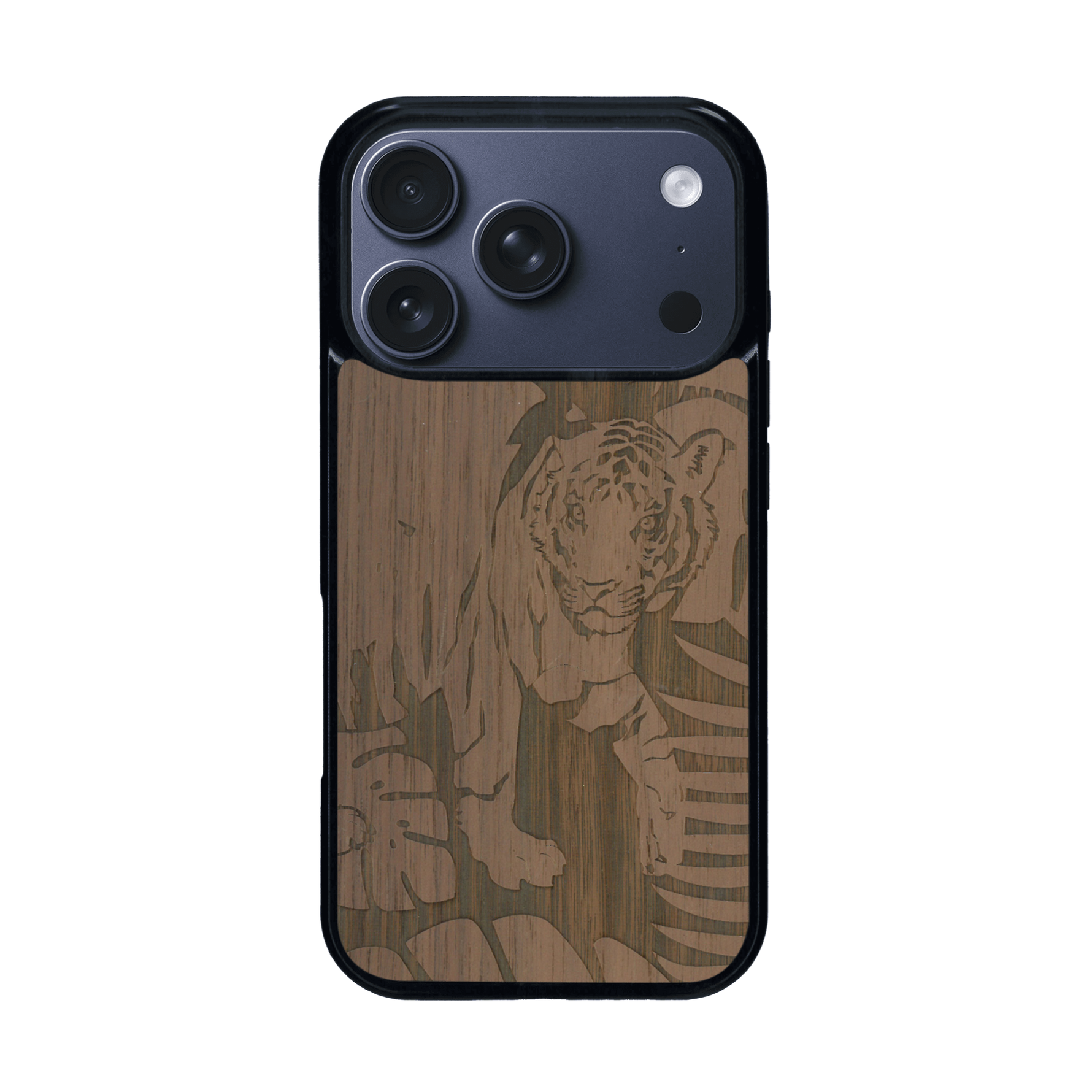 Coque de protection en bois véritable fabriquée en France pour iPhone 17 Pro sur le thème de la nature et des animaux représentant un tigre dans la jungle entre des fougères