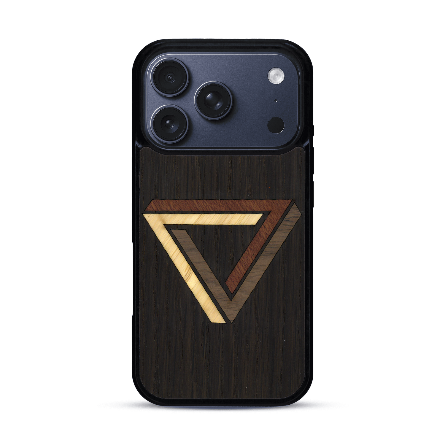 Coque de protection en bois véritable fabriquée en France pour  sur le thème de l'art géométrique qui allie du chêne fumé, du noyer, du bambou et du padouk représentant le triangle de penrose
