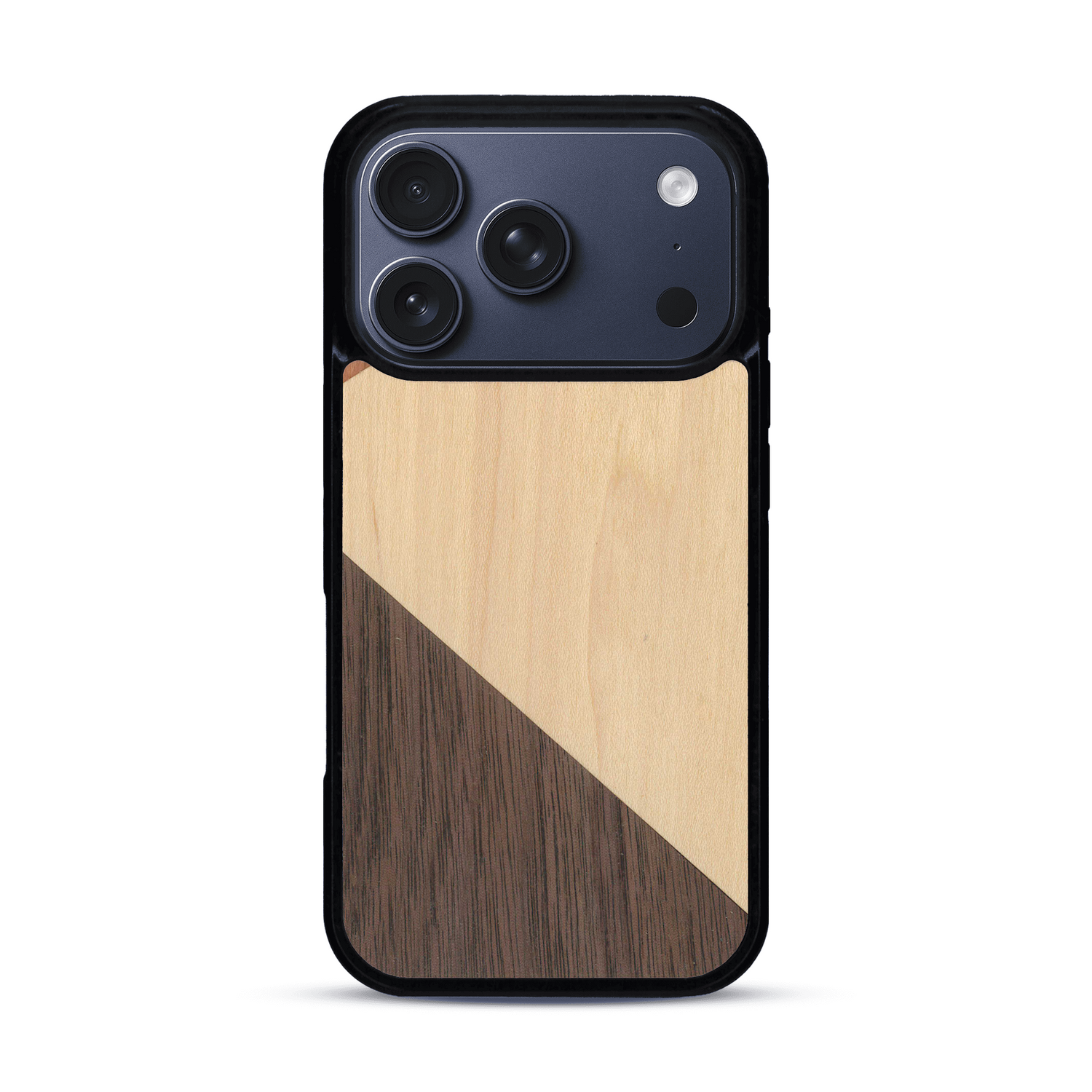 Coque de protection en bois véritable fabriquée en France pour  alliant du merisier, du noyer et du bambou formant chacun deux triangles et un trapèze avec deux jointures en diagonale sur le thème de l'art abstrait