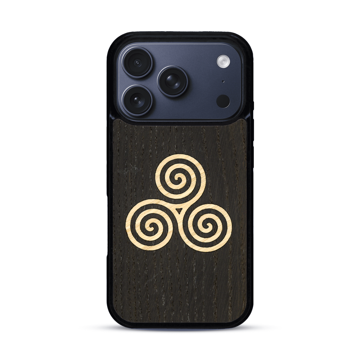 Coque de protection en bois véritable fabriquée en France pour  alliant du chêne fumé et du bambou et doré représentant un triskell