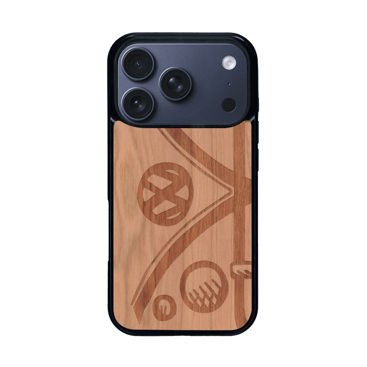 Coque de protection en bois véritable fabriquée en France pour iPhone 17 Pro sur le thème de l'automobile avec un van combi