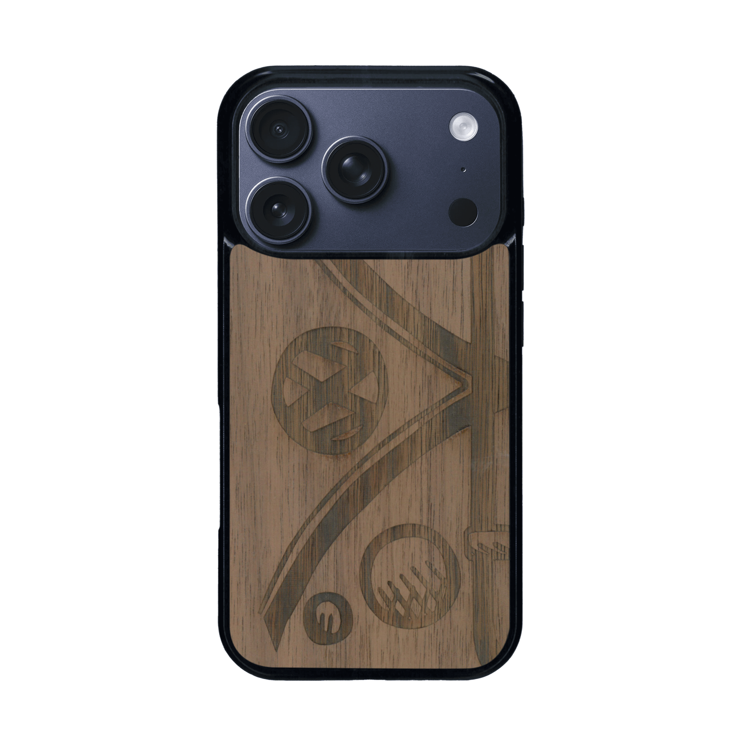 Coque de protection en bois véritable fabriquée en France pour iPhone 17 Pro sur le thème de l'automobile avec un van combi