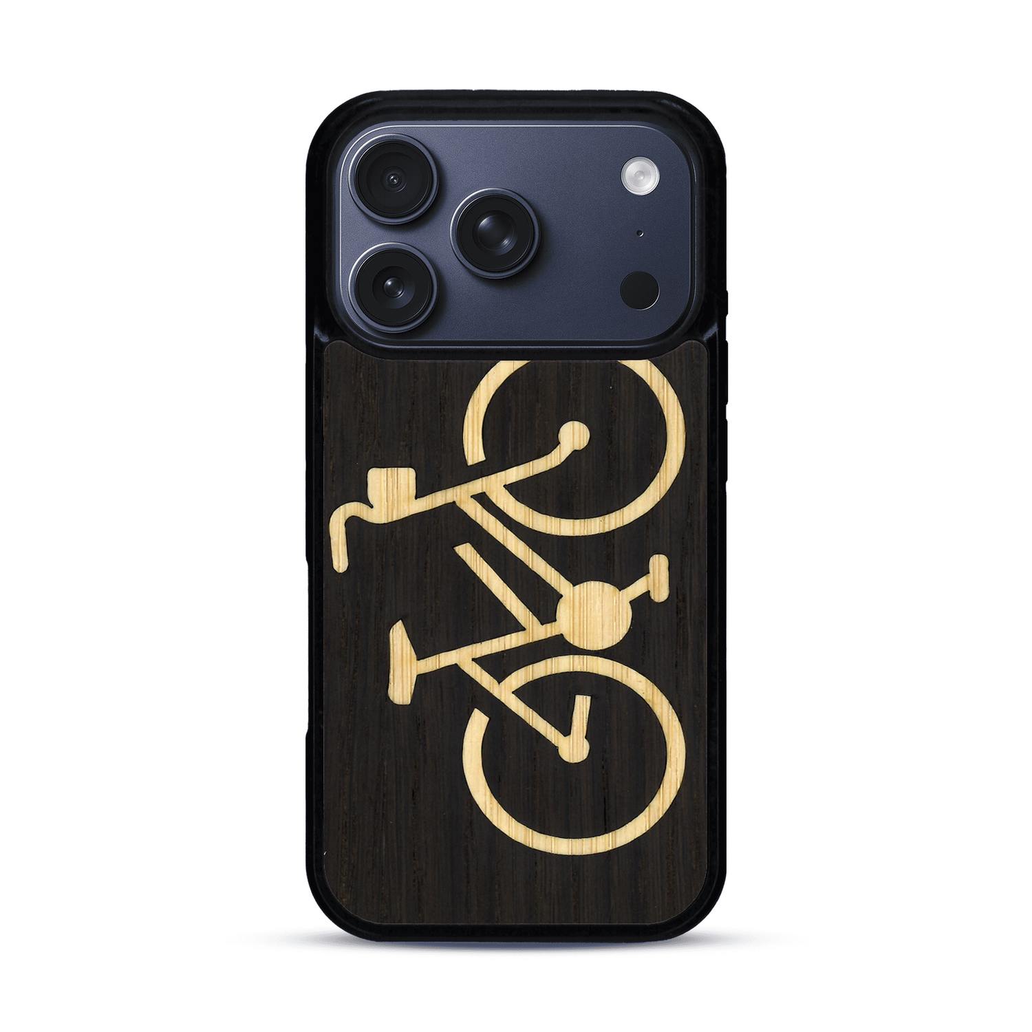 Coque de protection en bois véritable fabriquée en France pour  sur le theme du vélo et de l'outdoor qui allie du bambou et du chêne fumé représentant un vélo