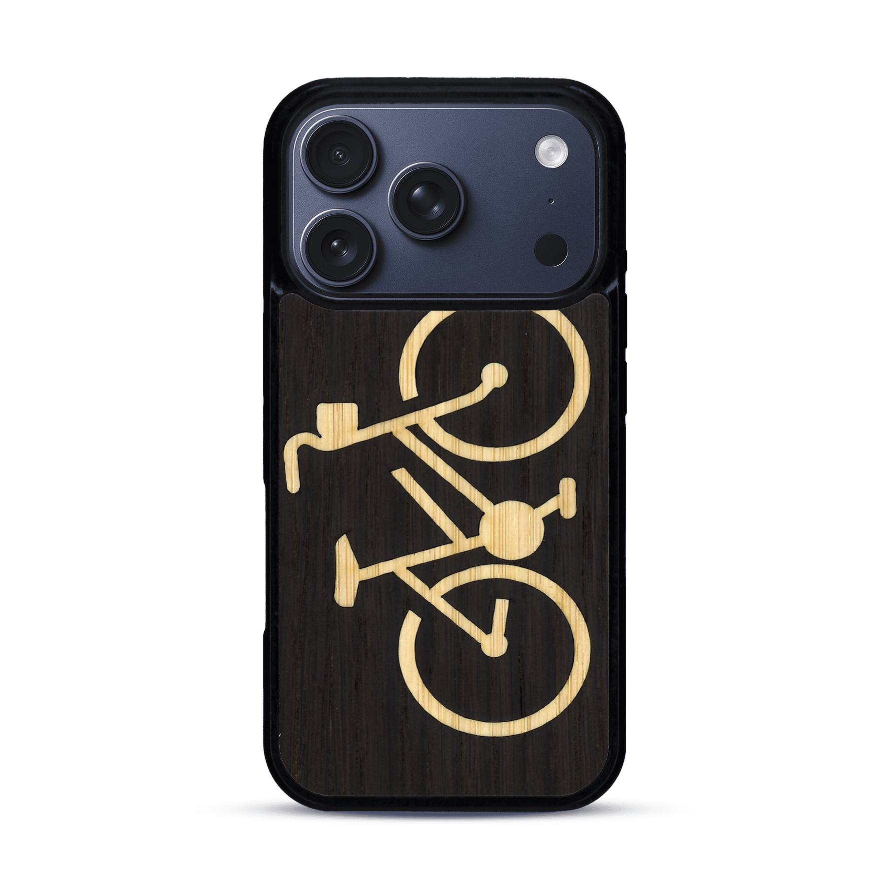 Coque de protection en bois véritable fabriquée en France pour  sur le theme du vélo et de l'outdoor qui allie du bambou et du chêne fumé représentant un vélo